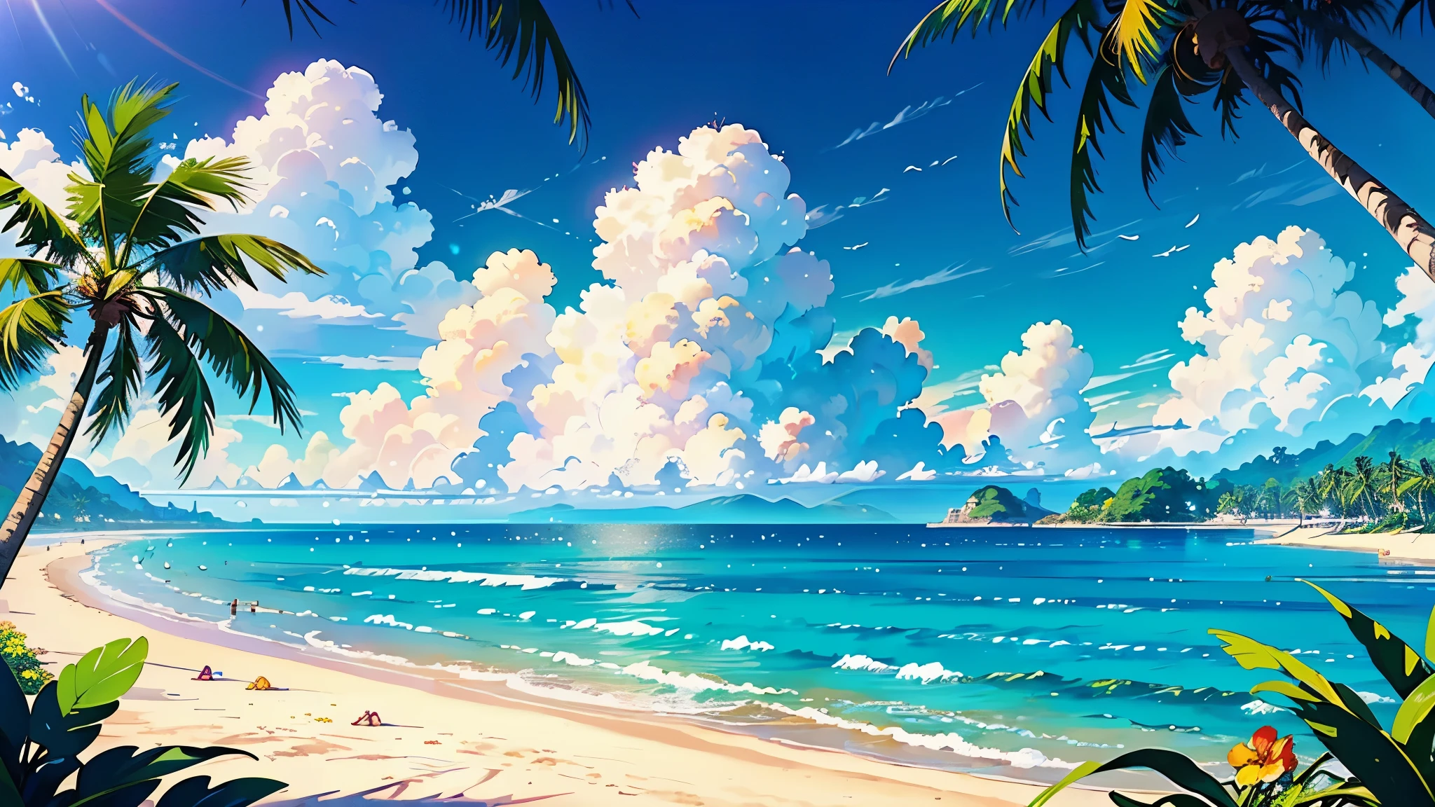 (highest quality, masterpiece, High resolution)、((anime art))、((There are no people))、 (Beautiful tropical beach landscape photography)、cinematic light、particles of light、tropical、(flowers on the beach)、Palm tree、on a sunny beach、sandy beach、beach、Ocean、island、 (blue sky and white clouds)、squall、(rainbow)、