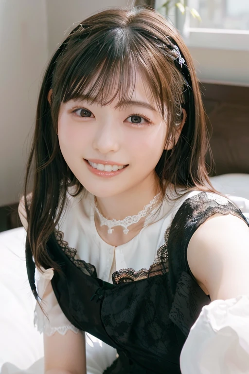 master piece，highest quality，official art，Highly detailed CG Unity 8K wallpaper，Japan Female Students，18 year old girl，very delicate and beautiful，超A high resolution，（Realistic：1.4），golden hour lighting，(platinum short hair：1.5），（puffy eyes），tear bag、looking at the viewer，facing the front，smile，(A sexy dress with plenty of black lace:1.3)，beautiful woman、Beautiful and sexy body shape、（european castle:1.5）， Close-up， master piece， best quality， RAW photography， Realistic， (Japanese idol-like cute face:1.2)， incredibly absurd solution， Buatigal， Depth of the bounds written， High resolution， super detailed， small details， very detailed， highly detailed eyes and face， sharp pupils， Realisticな生徒， fix a sharp focus， cinematic lighting、((smile、white teeth))、Sleeping sprawled out on the bed、From above、off shoulder、Photograph from the knee up、garter belt、twin tails、black choker、hair ornaments、bedroom、Light pours in through the window、Sit on the bed