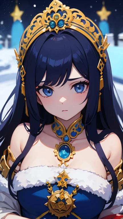 un hermoso retrato de emperatriz, pelo rubio, ojos azules perfectos, con un brillante, Impossible and striking large Christmas headdress, ropa batas de santa, todo navidad, snow asian, de cerca, d&d, Fancy