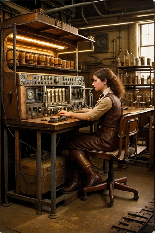 Sello postal tallado vintage, showing vintage rusty iron steampunk girl in the laboratory of a computer system unit with visible motherboard