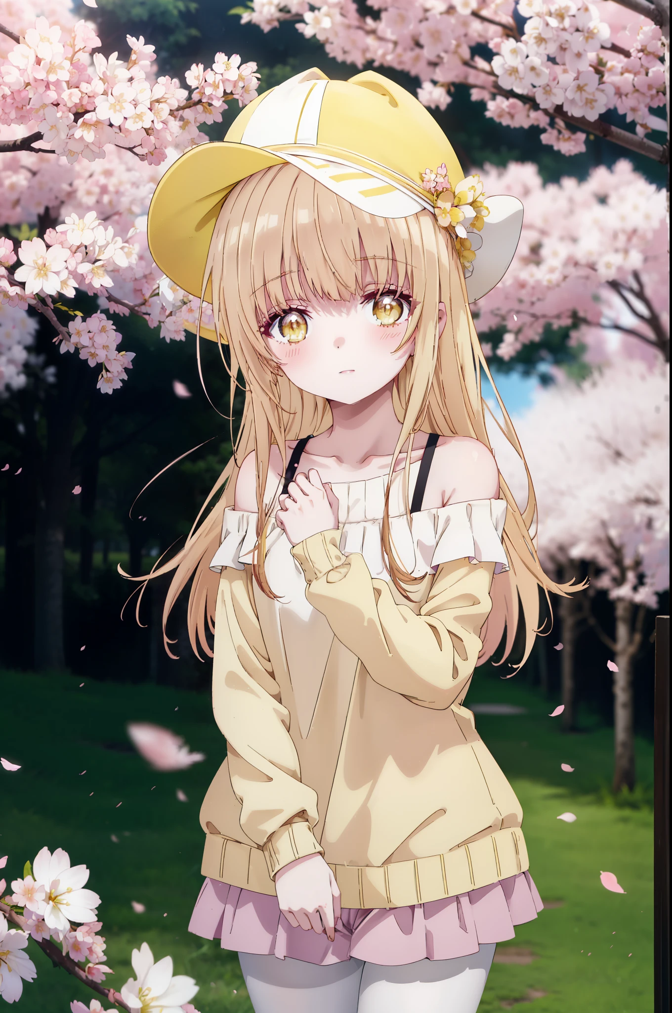 mahirushiina, Mahiru Shiina, long hair, bangs, blonde hair, brown hair, (yellow eyes:1.3), smile,blush,baseball cap,Jacket,The front is open,Pink off-shoulder sweater,bare shoulders,bare clavicle,naked neck,shorts,black pantyhose,Mini Boots,The cherry blossoms have bloomed,Cherry blossoms are scattered,Cherry blossom tree-lined path,morning,morning日,the sun is rising,
break outdoors, garden,
break looking at viewer, (cowboy shot:1.5),
break (masterpiece:1.2), highest quality, High resolution, unity 8k wallpaper, (figure:0.8), (detailed and beautiful eyes:1.6), highly detailed face, perfect lighting, Very detailed CG, (perfect hands, perfect anatomy),