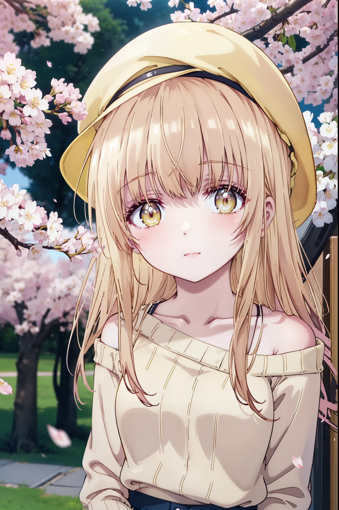 mahirushiina, Mahiru Shiina, long hair, bangs, blonde hair, brown hair, (yellow eyes:1.3), smile,blush,baseball cap,Jacket,The front is open,Pink off-shoulder sweater,bare shoulders,bare clavicle,naked neck,shorts,black pantyhose,Mini Boots,The cherry blossoms have bloomed,Cherry blossoms are scattered,Cherry blossom tree-lined path,morning,morning日,the sun is rising,
break outdoors, garden,
break looking at viewer, (cowboy shot:1.5),
break (masterpiece:1.2), highest quality, High resolution, unity 8k wallpaper, (figure:0.8), (detailed and beautiful eyes:1.6), highly detailed face, perfect lighting, Very detailed CG, (perfect hands, perfect anatomy),