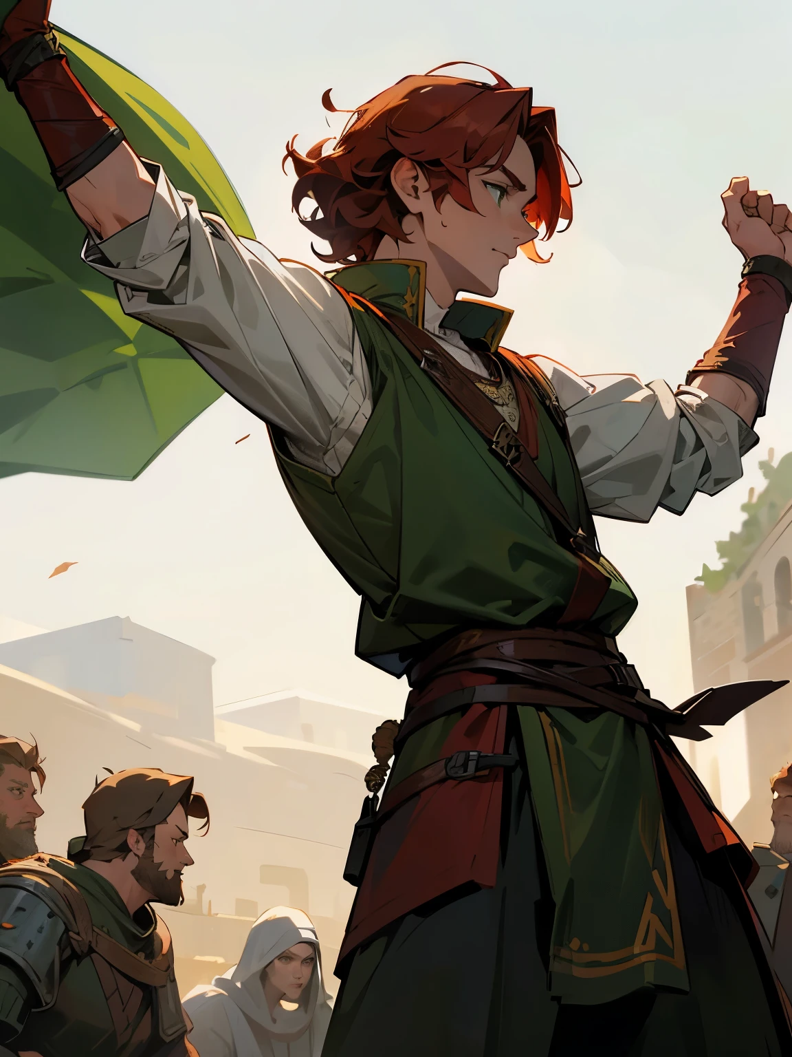A young adult man ((mature)) with slightly medium curly red hair, green eyes, dressed in Viking-era training clothes.