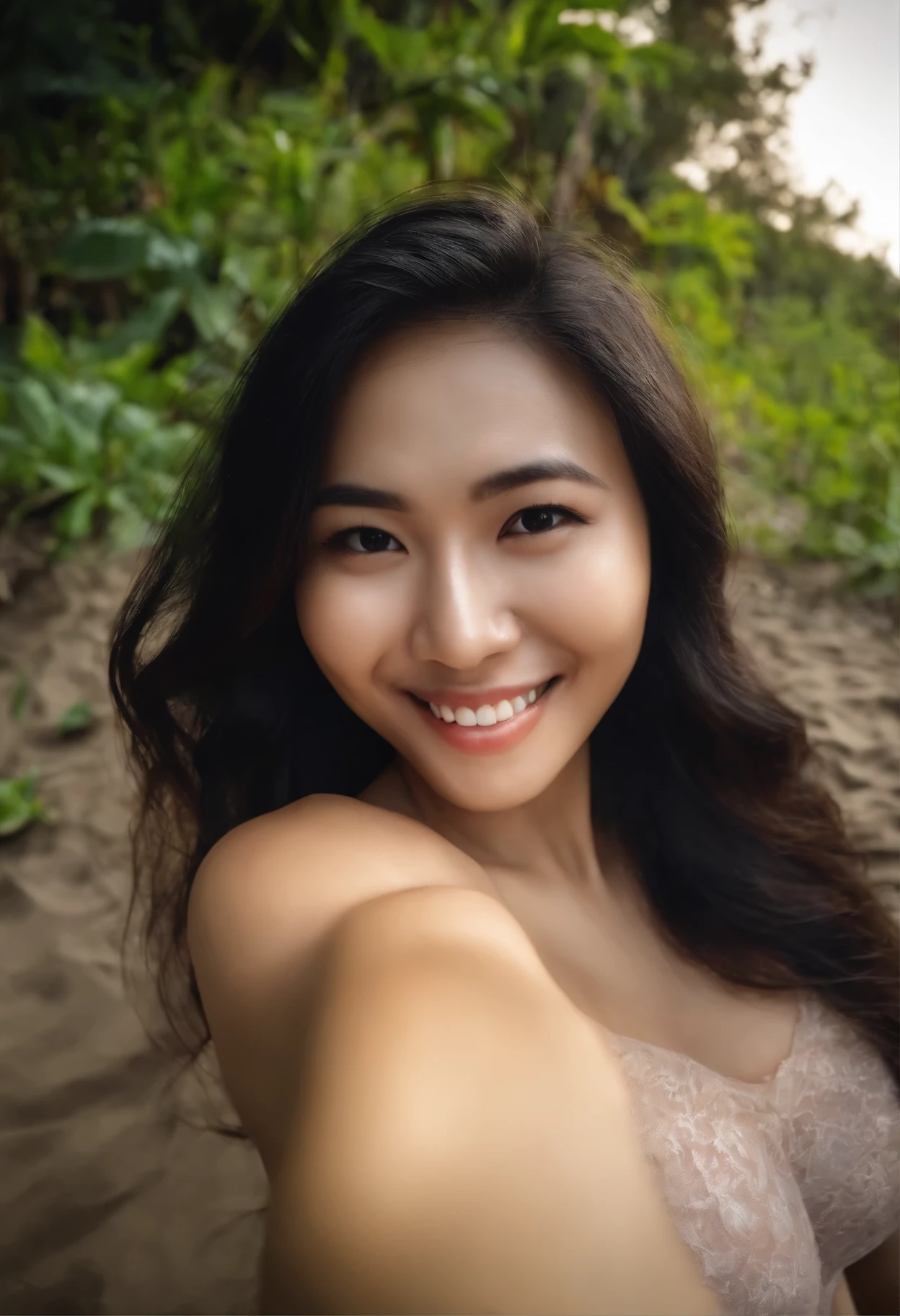 selfie, photo with iphone 15 iphone promax , pretty naked bandung girl, with sexy all body sun bathing, wet, smile, sharp face, soft lighting, fisheye lens, sun flare at the beach