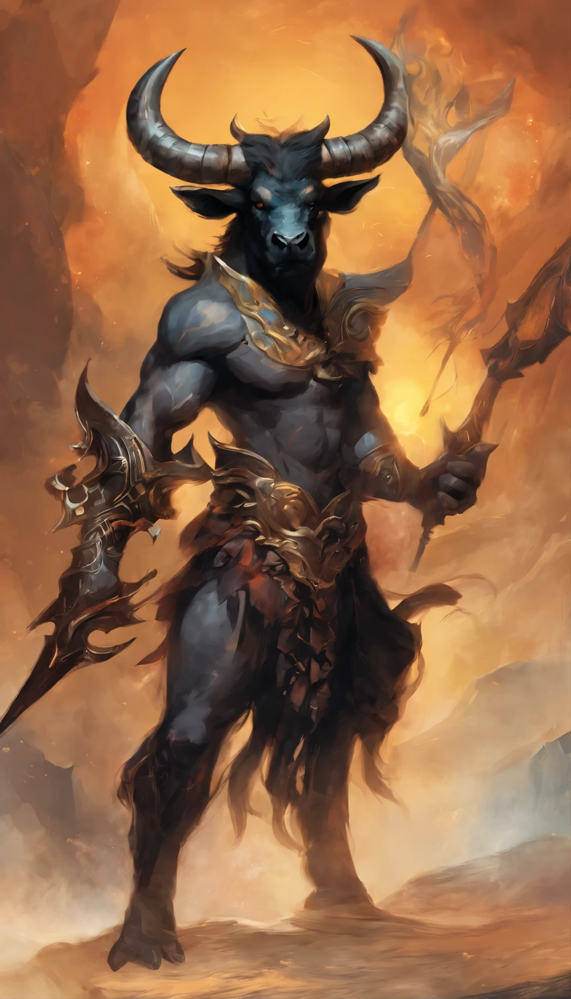 chibi, Thunder Strike(Black Minotaur:1.5),They, what's with the axes(Black Minotaur:1.8),Bull stands with an ax,painful facial expression,(Raise your head to the sky and roar:1.8),funk,shudder,Gothic,baroque,(The arc is released from the hands of a female magician.),Theyкущий средневековый ландшафт,fantastic,4K,Best quality,primitive,((Ultra-thin and high-precision partighty Hero & Magic 3,fantastic,Background - canyon plain.,The scene is impressive, dark background.