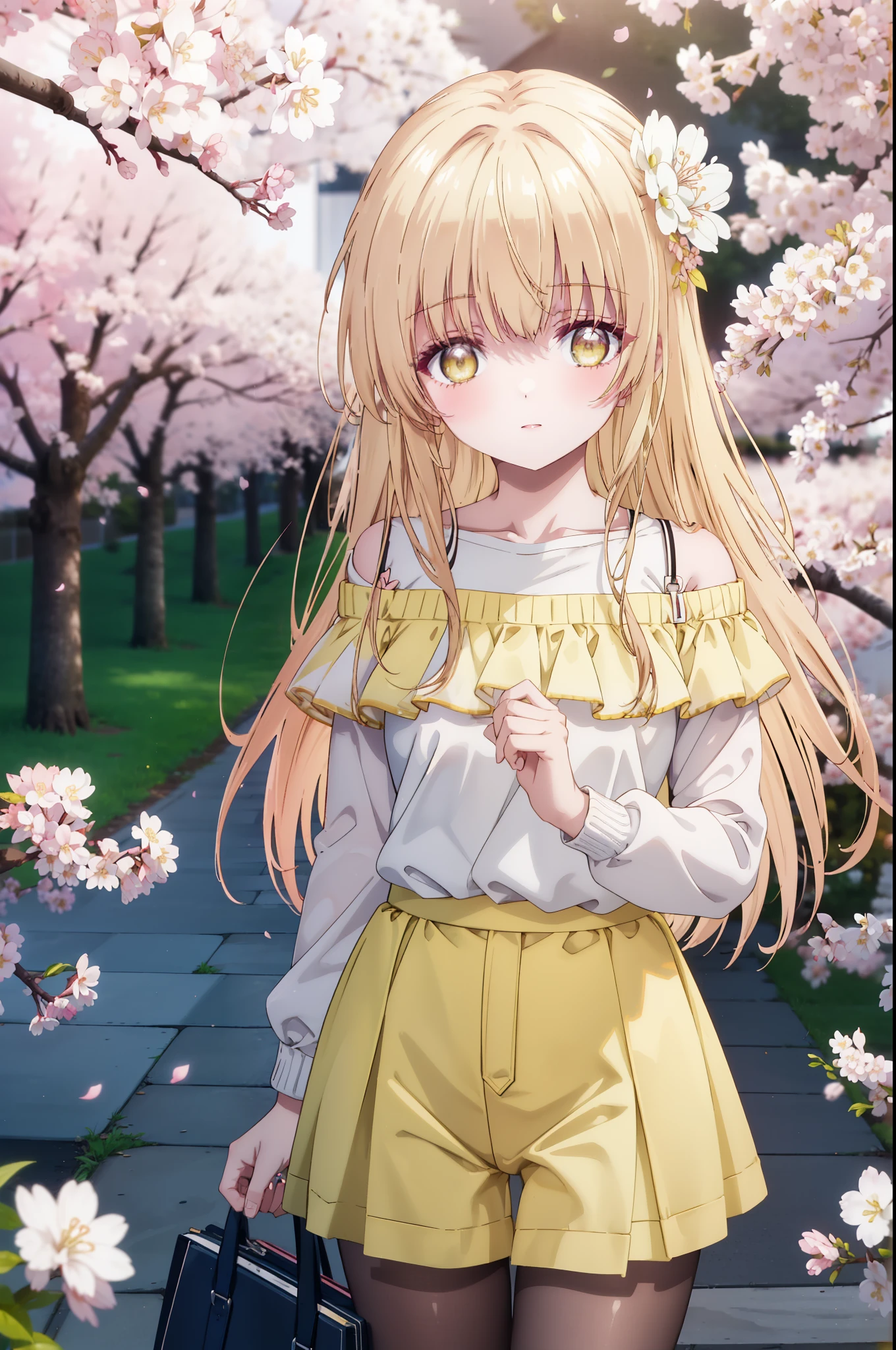 mahirushiina, Mahiru Shiina, long hair, bangs, blonde hair, brown hair, (yellow eyes:1.3), smile,blush,Jacket,The front is open,Pink off-shoulder sweater,bare shoulders,bare clavicle,????? neck,shorts,black pantyhose,Mini Boots,The cherry blossoms have bloomed,Cherry blossoms are scattered,Cherry blossom tree-lined path,morning,morning日,the sun is rising,So that the whole body goes into the illustration,From the top of your head,
break outdoors, garden,
break looking at viewer, (cowboy shot:1.5),
break (masterpiece:1.2), highest quality, High resolution, unity 8k wallpaper, (figure:0.8), (detailed and beautiful eyes:1.6), highly detailed face, perfect lighting, Very detailed CG, (perfect hands, perfect ???????),