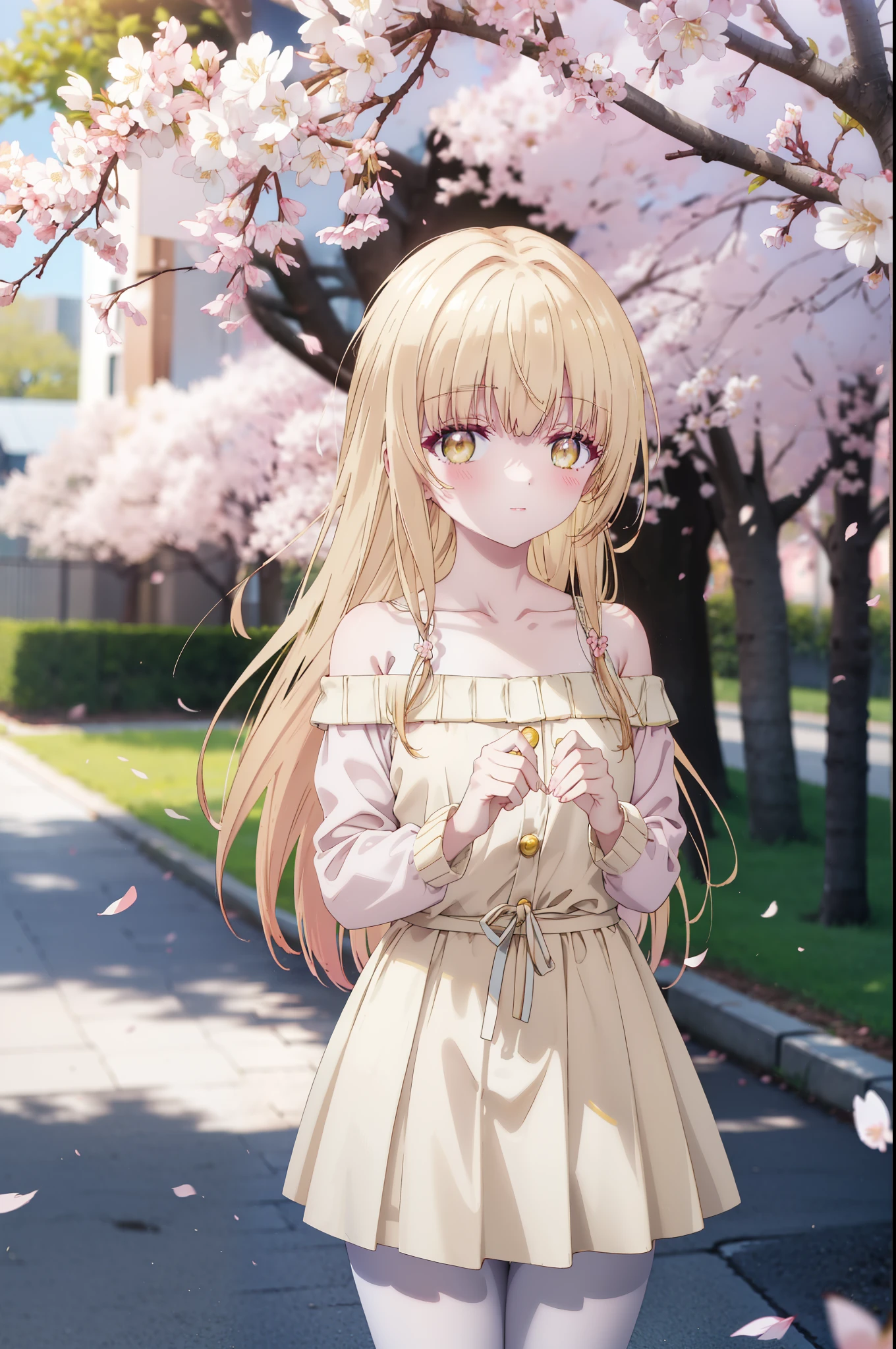 mahirushiina, Mahiru Shiina, long hair, bangs, blonde hair, brown hair, (yellow eyes:1.3), smile,blush,Jacket,The front is open,Pink off-shoulder sweater,bare shoulders,bare clavicle,naked neck,shorts,black pantyhose,Mini Boots,The cherry blossoms have bloomed,Cherry blossoms are scattered,Cherry blossom tree-lined path,morning,morning日,the sun is rising,So that the whole body goes into the illustration,From the top of your head,
break outdoors, garden,
break looking at viewer, (cowboy shot:1.5),
break (masterpiece:1.2), highest quality, High resolution, unity 8k wallpaper, (figure:0.8), (detailed and beautiful eyes:1.6), highly detailed face, perfect lighting, Very detailed CG, (perfect hands, perfect anatomy),