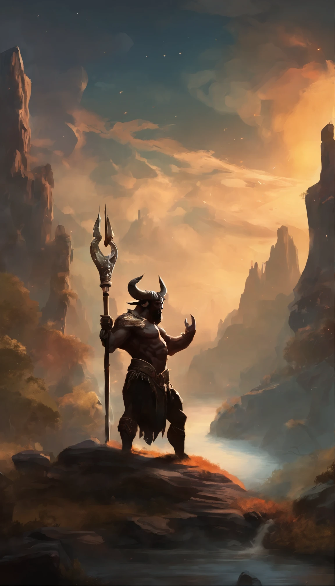 chibi, Thunder Strike(Black Minotaur:1.5),They, what's with the axes(Black Minotaur:1.8),Bull stands with an ax,painful facial expression,(Raise your head to the sky and roar:1.8),funk,shudder,Gothic,baroque,(The arc is released from the hands of a female magician.),Theyкущий средневековый ландшафт,fantastic,4K,Best quality,primitive,((Ultra-thin and high-precision partighty Hero & Magic 3,fantastic,Background - canyon plain.,The scene is impressive, dark background.
