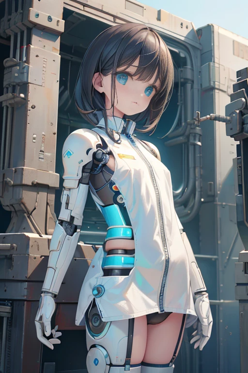 (realistic:1.4), (Raw photo)table top, highest quality, very detailed, (realistic:1.4), (8K, 4k, highest quality, High resolution, 超High resolution:1.1), 8K portrait,1 girl, Japanese アンdroid gid,Plump , announcer,Control panel,アンdroid,droid,mechanical hand, ,robot arms and legs, black hair,Machine body,dull bangs,white robot parts,perfect robot woman,charging spot,long tube,A thick cable was connected to his neck...,ceramic body ,Machine body, mechanical ear covers,アンdroid,robot humanoid,a little chubby,panties,full eyes,perfect machine body,white robot body,laboratory of the future,アンdroid factory,mechanical ear covers,white and light blue uniform,aqua accent costume,