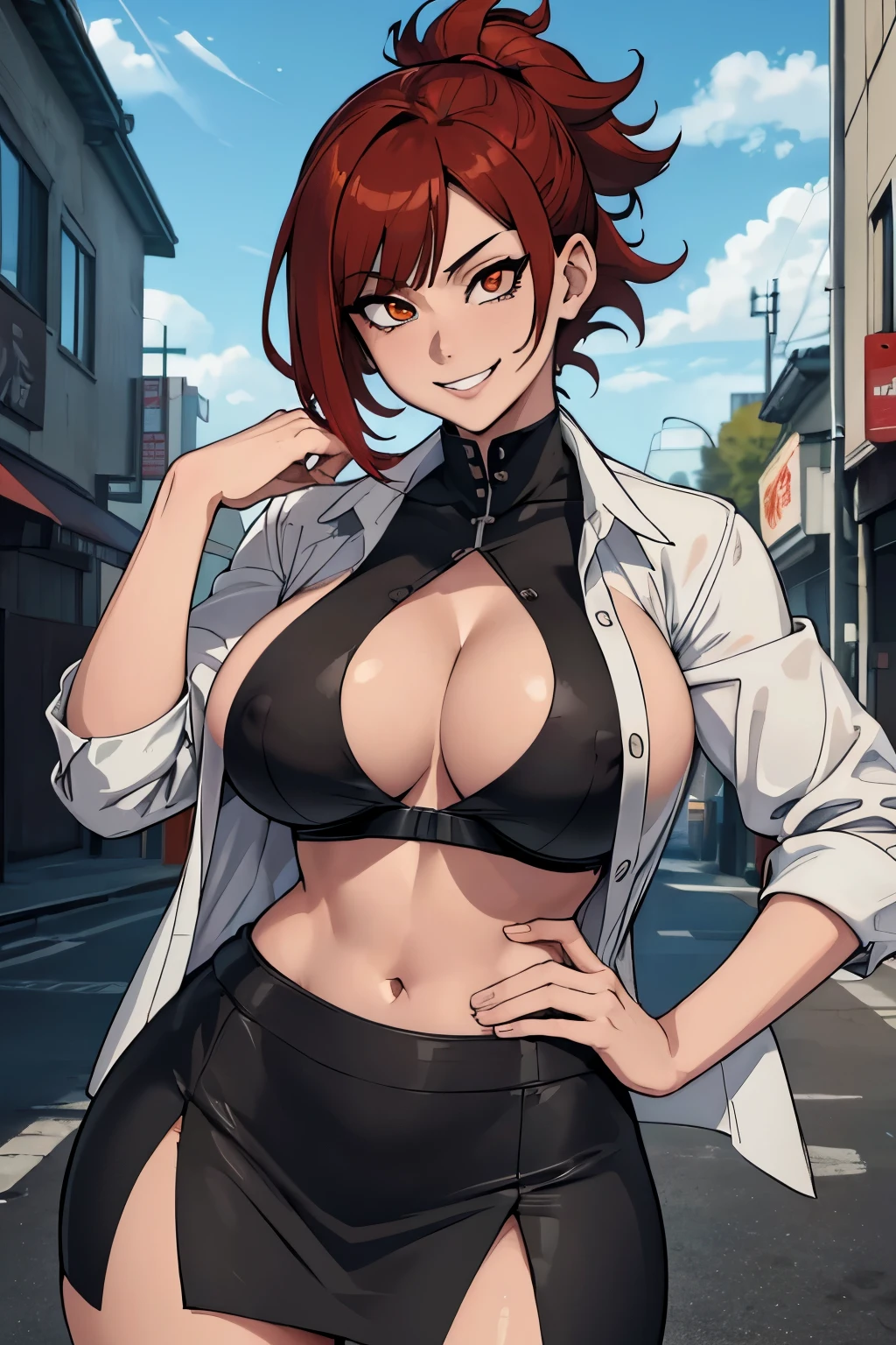 ((top quality, 8k, masterpiece: 1.3, ultra hd, high quality, best quality, high definition, anime style, jujutsu kaisen style)), sharp focus: 1.5, Model Nobara kugisaki, orange eyes, Mole under the outer edge of the eye, Short brown hair, large breasts, Open shirt buttons showing breast cleavage And Nipple Bulge, Open pencil skirt The shape of the genitals is clearly visible, Sexy and seductive pose, thighs wide open, ((((confidente smile)))), cum, fellatio, cum in mouth, blowjob, throatpie, big dick, large dick, large cock, , bukkake