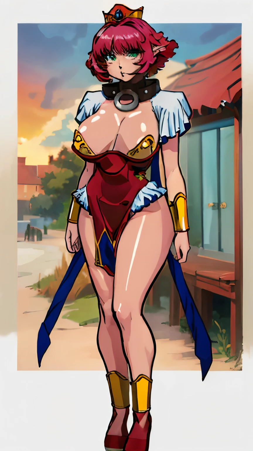 masterpiece, best quality, ultra-detailed, adult Cala 1girl, solo, dress, crown, large breasts, long legs, pch, bracelet, collar, full body, surprised, worried, red hair, spiky hair, full body, looking at the viewer, female focus, green eyes