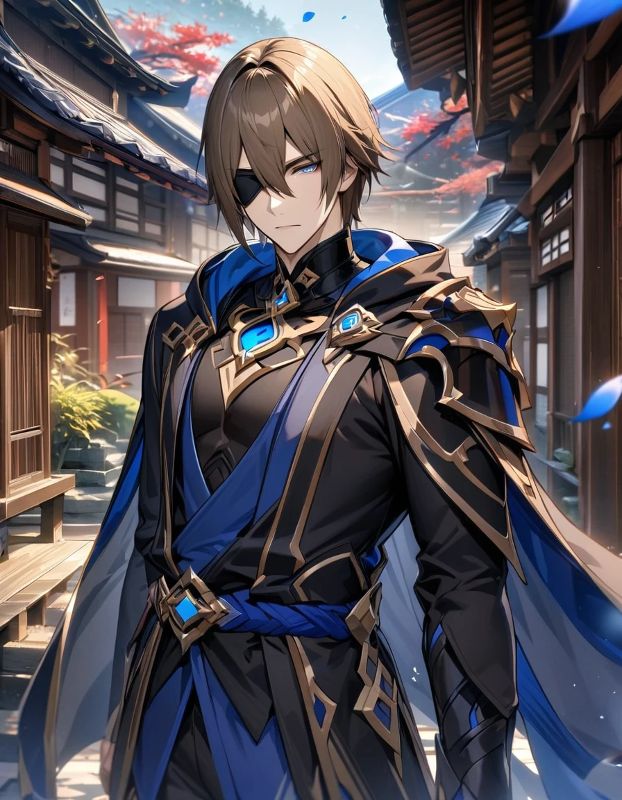 absurdres, highres, ultra detailed, HDR, masterpiece, Dainsleif, straight brown hair, hair between the eyes, black blindfolded eyes, Genshin Impact, 1man, handsome, petals, traditional Japanese house, black ninja clothes, hood, cape