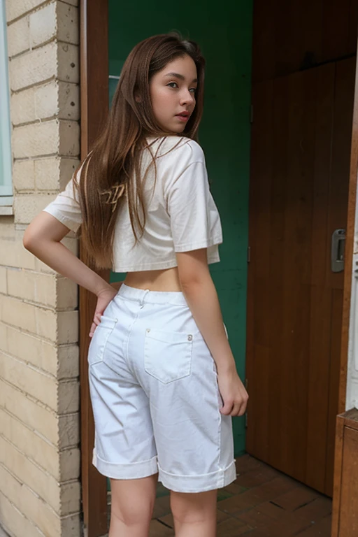 a sexy white  girl with long brown hait wearing a white crop and really short pants showing her big butt (from back) (full body)