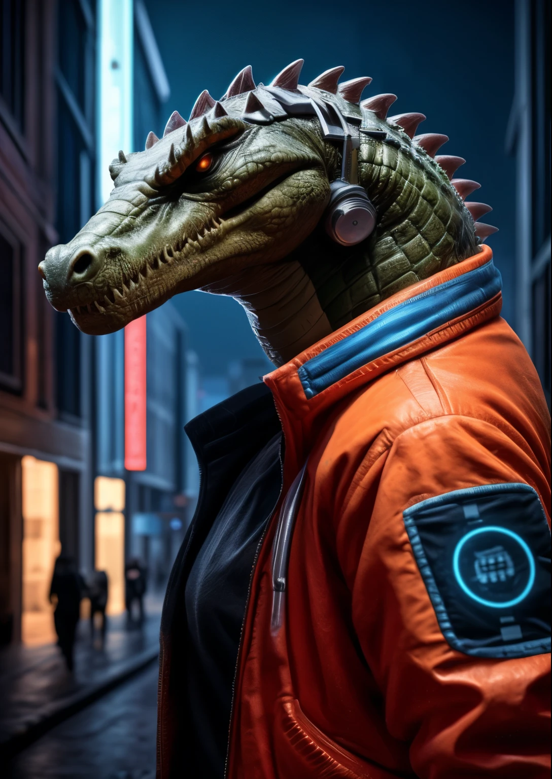 SIDE VIEW,  Epic, city, Biogen, ((((cyber)))), (angry crocodile in a red jacket ),Real,detailed,detailed eyes,detailed face,Best quality,professional photo,photoRealism,high quality,volume,ray tracing,HDR,4K,8 k,absurd resolution,maximum shading,((masterpiece)) ,   