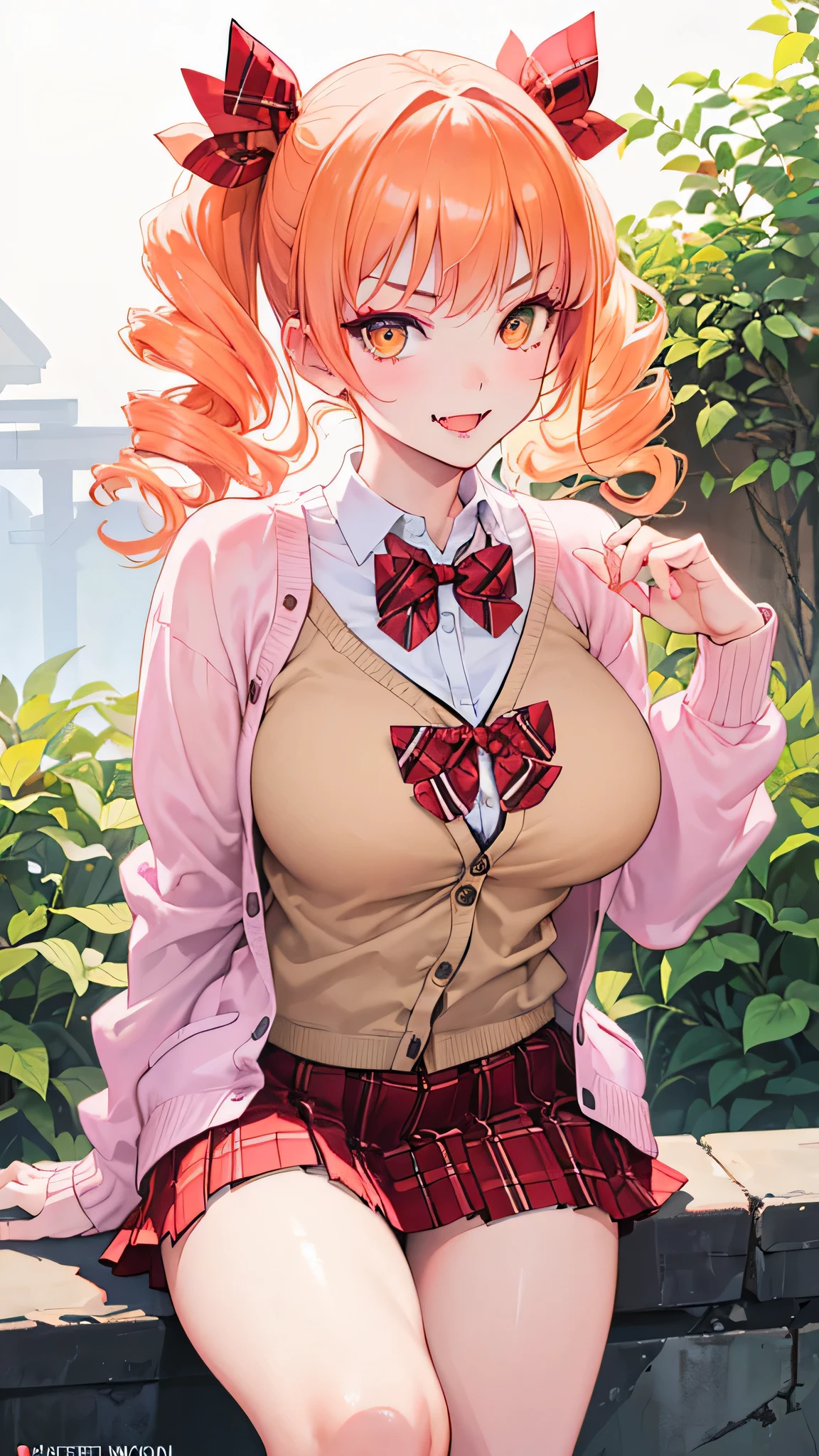 (masterpiece:1.2, top-quality), (realistic, photorealistic:1.4), beautiful illustration, looking at viewer, front view:0.6, 1 girl, high school girl, bangs, yorigami jo'on, double drill hairs, orange hair, orange eyes, large breasts:0.8, (thick thighs), beautiful hair, beautiful face, beautiful detailed eyes, beautiful clavicle, beautiful body, beautiful chest, beautiful thigh, beautiful legs, beautiful fingers, (beautiful scenery), sidewalk, ((pleated mini skirt, socks, red private school uniform:1.2, light pink cardigan, red plaid pleated skirt, red plaid bow tie, red plaid hair ribbon)), pink panties, (swollen), ((seductive posture: 1.2, attractiveness: 1.2)), (idle), (erotic, sexy, upper eyes, makeup, smile, seductive smile, fangs, fang out, v-shaped eyebrows, smug, skin fang, red lips, troll), shiny skin, perfect face, cute and symmetrical face, natural side lighting, movie lighting), walking, gyaru, voluminous eyelashes, glaring, cowboy shot