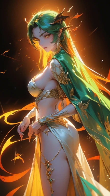 a majestic girl stands proud and fierce, body adorned with shimmering emerald scales and bat-like wings stretching out in a menacing display. Featured in a meticulously crafted digital painting, the manticore's glowing, fiery eyes seem almost alive, radiating a sense of otherworldly power. Every intricate detail, from its razor-sharp claws to its intricate mane of golden fur, is rendered with breathtaking realism. This stunning image captivates with its vivid colors and dynamic composition, showcasing the artist's exceptional talent and creativity.
