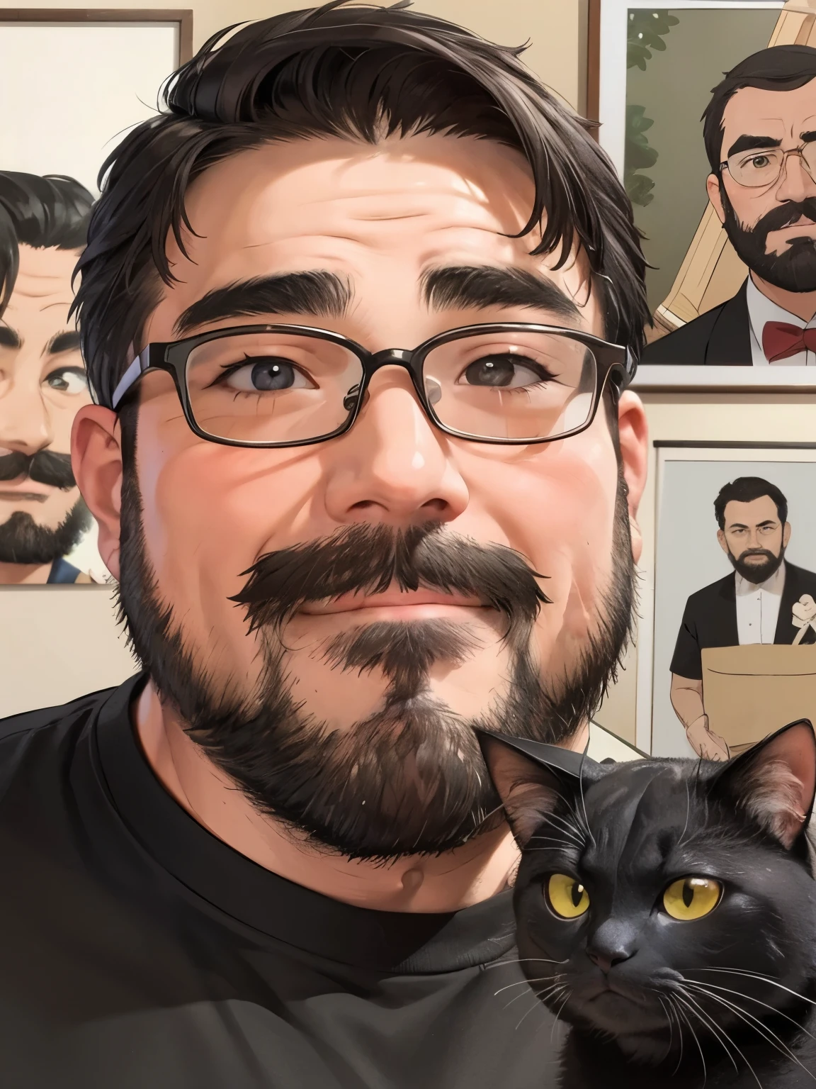 alone, looking at the viewer, short hair, shirt, black hair, 1 boy, male focus, Glasses, indoors,  black shirt, facial hair, animal, Cat, beard, realistic, moustache, black Cat, poster \(object\)