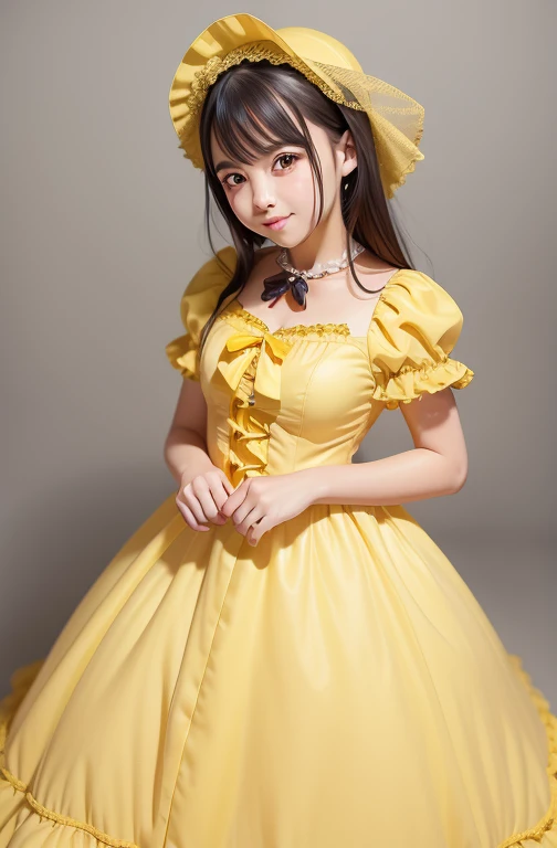 Woman in yellow dress posing for photo, portrait of magical lolita girl, angelic pretty, lolita fashion, , lolita style, in dress, smiling!! Fantasy, portrait of radical Lolita girl, yellow glowing magic, wearing wheat yellow gauze, fairy core
