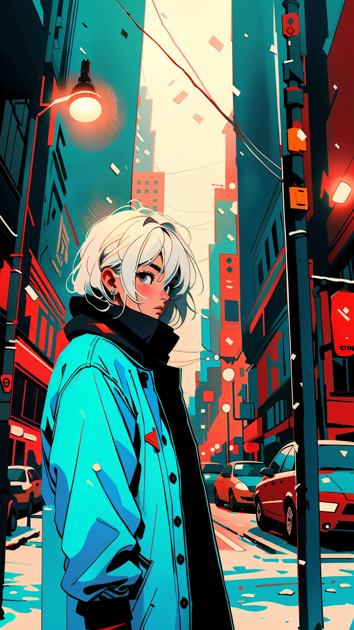 suspenseful movie scene, adolescent with distinctive white hair donned in winter attire, standing amidst a snow-covered city, dusk, stark contrast, darkening skyline, snowfall, high contrast ambiance, fantasy world, dark background, clean design, epic, artstation, colorful paint splatter, silhouette, hyper detailed intricate details, unreal engine, fantasy, splash screen, complementary colors, deviantart masterpiece, oil painting, heavy strokes, paint dripping, indifferent expression