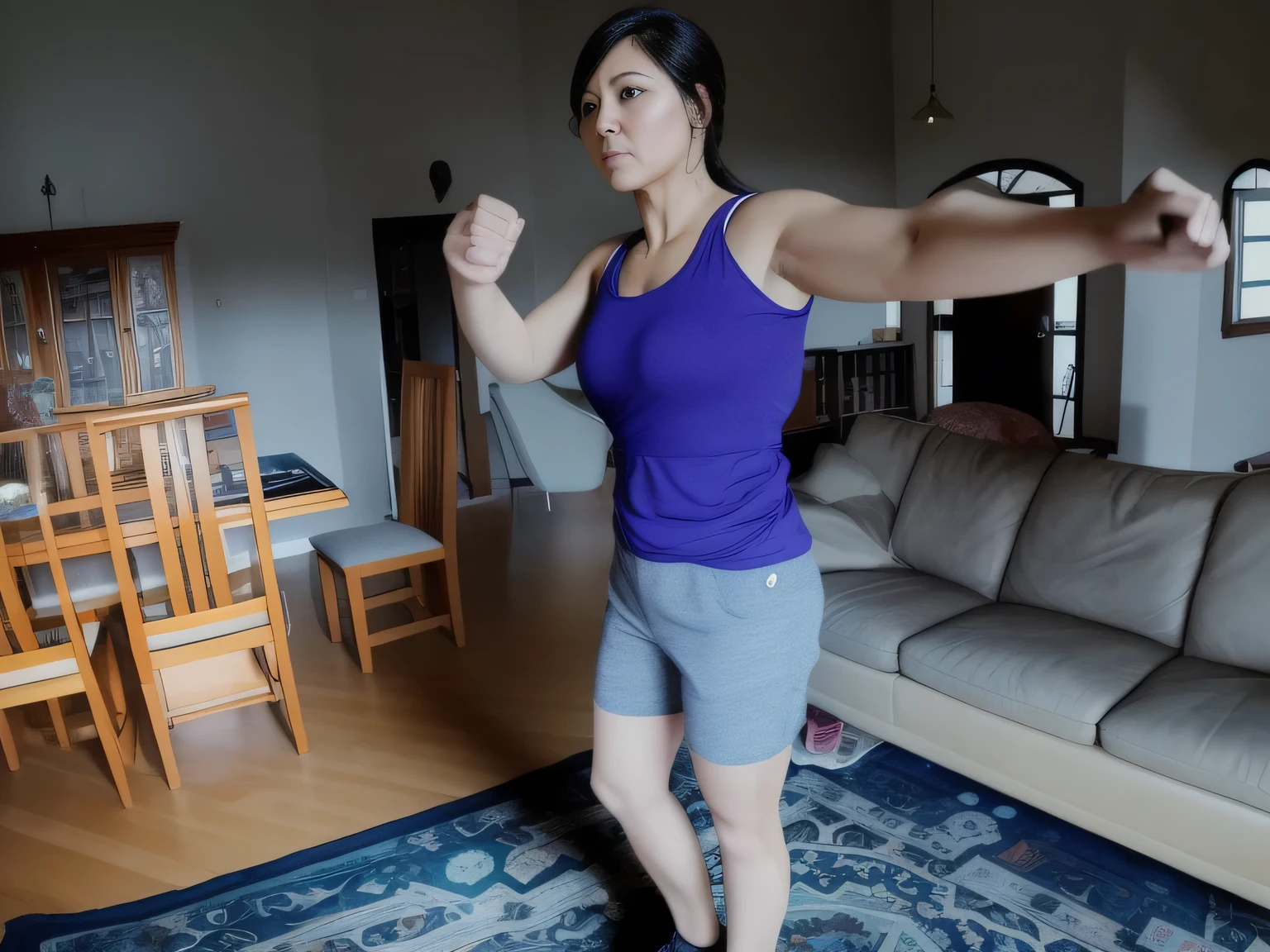 There is a woman standing in a living room playing video games, striking a sassy pose, upper body shot, in an action pose, mid-body shot, half-body shot, half-body shot, attacking the camera: 4, half body shot from the middle, waist up, full body, arms outstretched, in good physical shape, about 40 years old. Woman in good shape. High quality, high resolution, masterpiece, 8k.