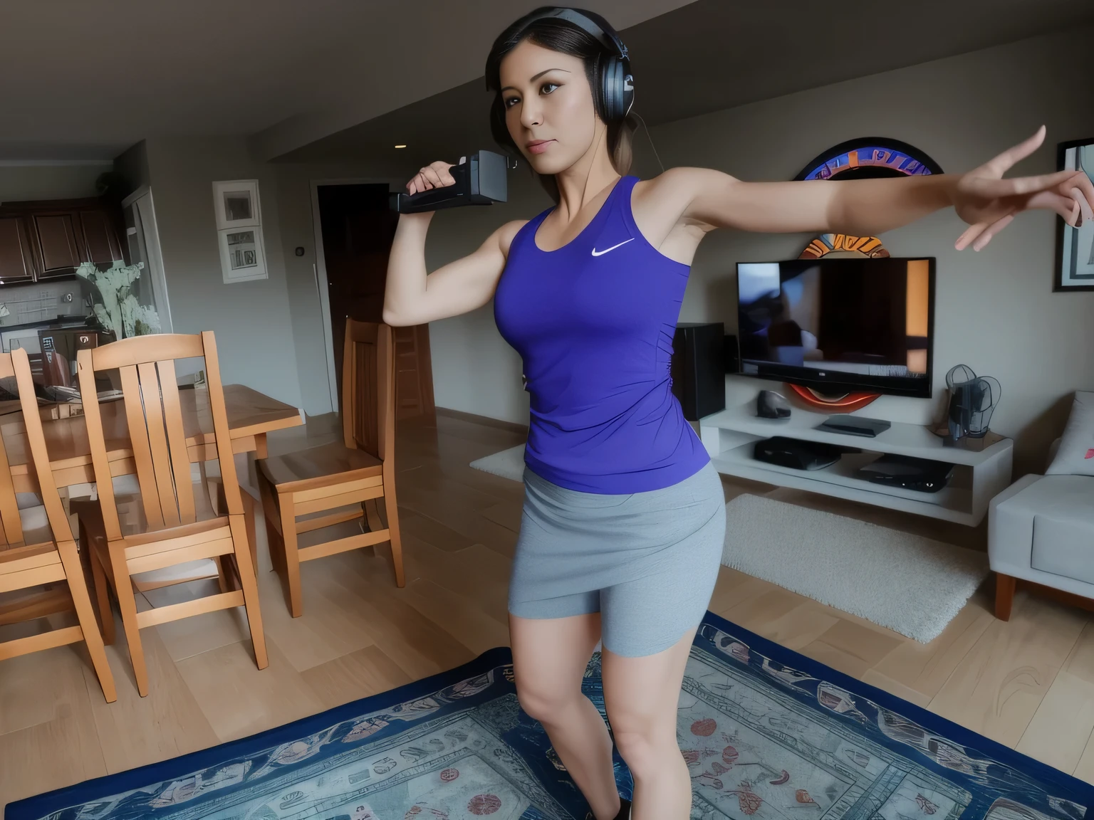 There is a woman standing in a living room playing video games, striking a sassy pose, upper body shot, in an action pose, mid-body shot, half-body shot, half-body shot, attacking the camera: 4, half body shot from the middle, waist up, full body, arms outstretched, in good physical shape, about 40 years old. Woman in good shape. High quality, high resolution, masterpiece, 8k.