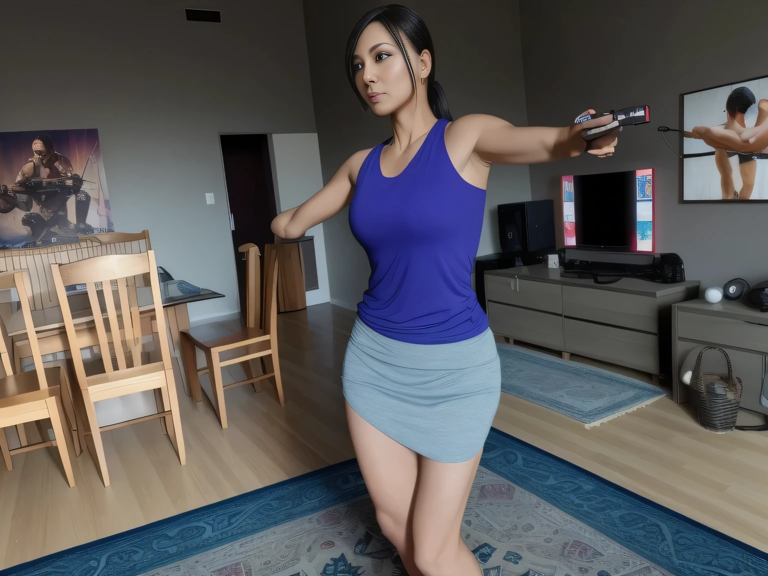 There is a woman standing in a living room playing video games, striking a sassy pose, upper body shot, in an action pose, mid-body shot, half-body shot, half-body shot, attacking the camera: 4, half body shot from the middle, waist up, full body, arms outstretched, in good physical shape, about 40 years old. Woman in good shape. High quality, high resolution, masterpiece, 8k.