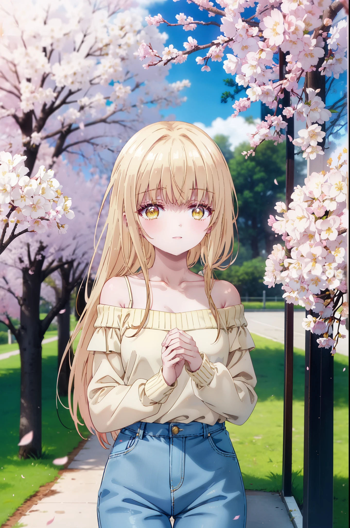 mahirushiina, Mahiru Shiina, long hair, bangs, blonde hair, brown hair, (yellow eyes:1.3), happy smile, smile, open your mouth,Pink off-shoulder sweater,bare shoulders,bare clavicle,naked neck,short denim pants,black pantyhose,Mini Boots,The cherry blossoms have bloomed,Cherry blossoms are scattered,Cherry blossom tree-lined path,morning,morning日,the sun is rising,whole bodyがイラストに入るように,From the top of your head,
break outdoors, garden,
break looking at viewer, whole body,(cowboy shot:1.5),
break (masterpiece:1.2), highest quality, High resolution, unity 8k wallpaper, (figure:0.8), (detailed and beautiful eyes:1.6), highly detailed face, perfect lighting, Very detailed CG, (perfect hands, perfect anatomy),