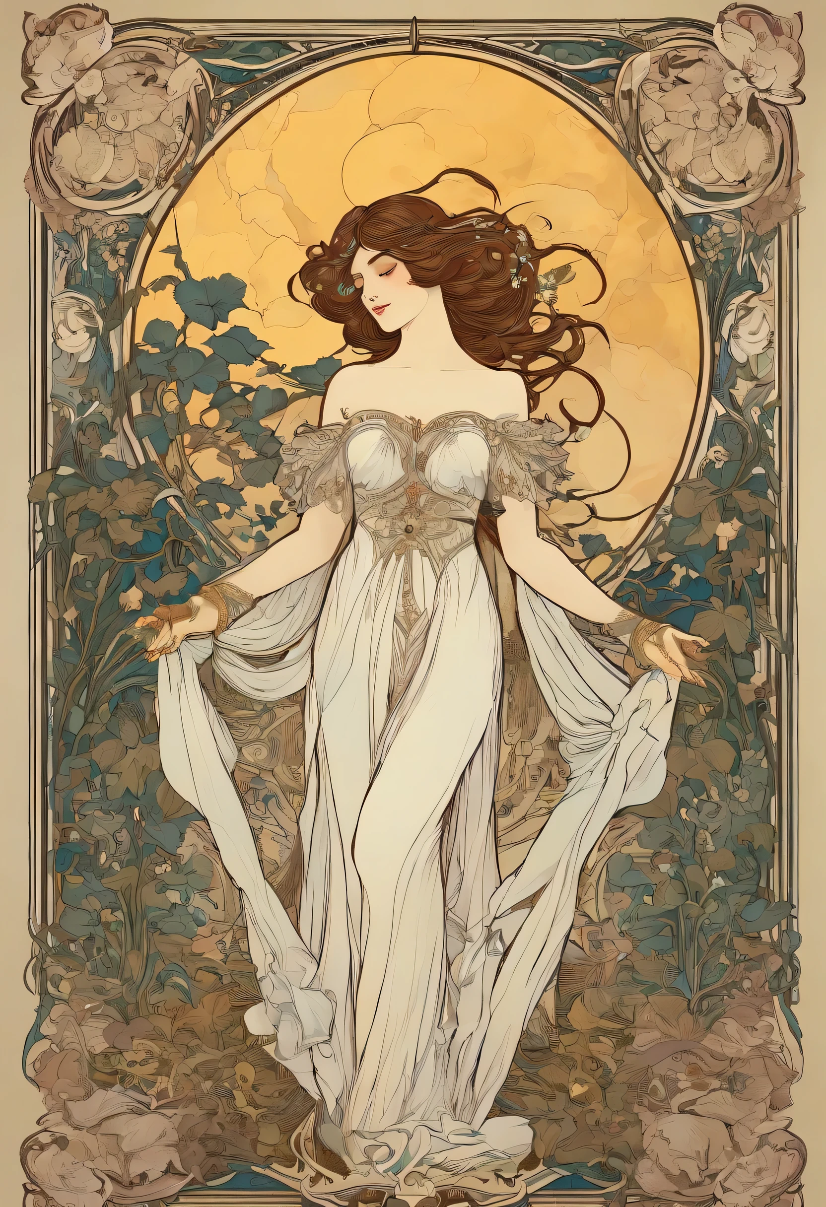 8k.Poster illustration in the style of Alphonse Mucha, Pintura plana, Hermosa mujer occidental en vestido largo lila hasta los tobillos, Emmawatoso, sosteniendo un libro, de pie entre una columna blanca y una negra del templo, Sentado en una silla, Con una cruz en el cuello, tienen una luna creciente en sus pies, cuerpo completo como,Cuerpo delgado,descalzo,Modernismo, Plantas en el fondo, NSFW, Masutepiece, Alfonse Mucha, Detalles altos, Moonlight, Iris sanguinea