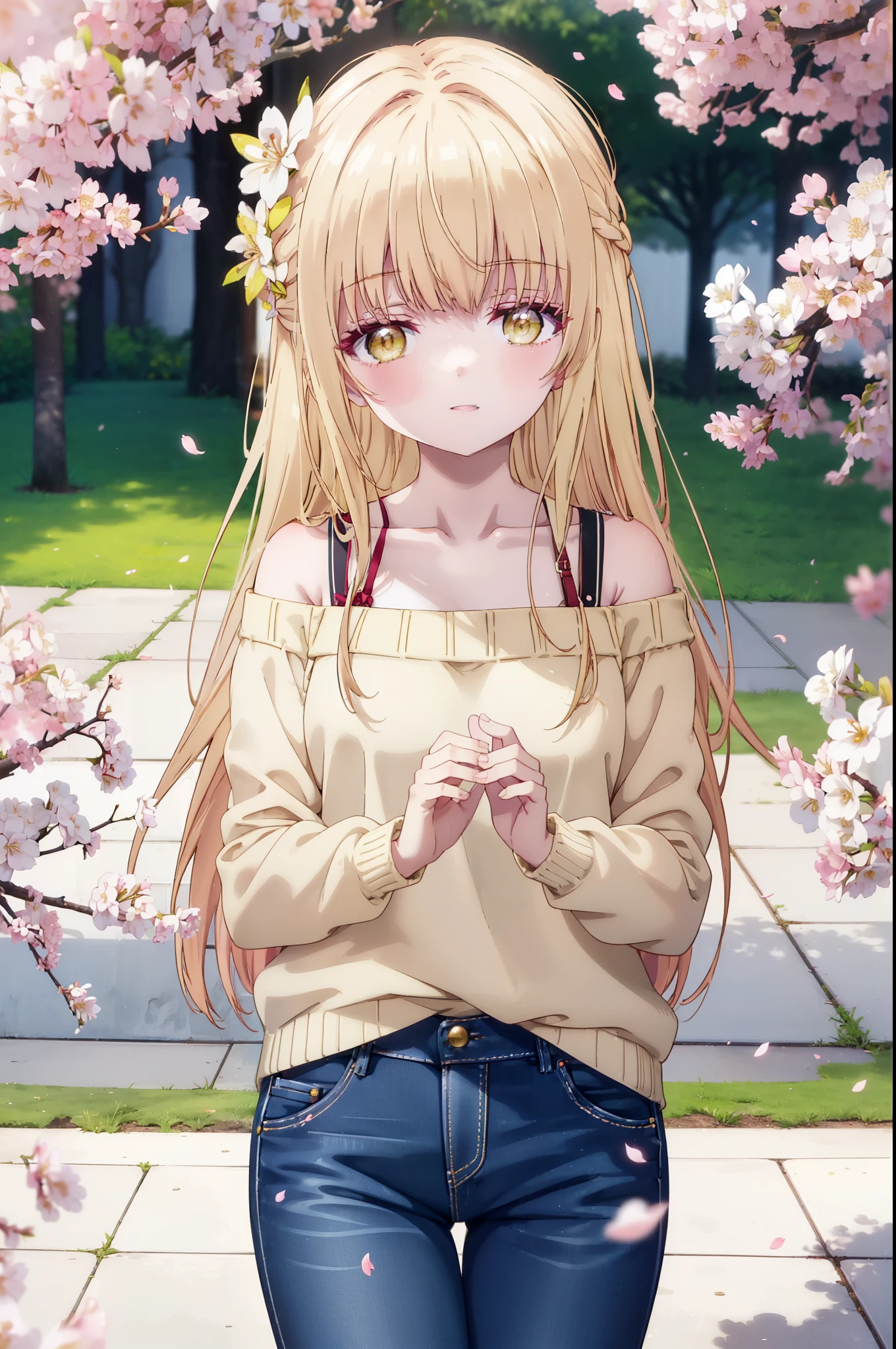 mahirushiina, Mahiru Shiina, long hair, bangs, blonde hair, brown hair, (yellow eyes:1.3), happy smile, smile, open your mouth,Pink off-shoulder sweater,bare shoulders,bare clavicle,naked neck,short denim pants,black pantyhose,Mini Boots,The cherry blossoms have bloomed,Cherry blossoms are scattered,Cherry blossom tree-lined path,morning,morning日,the sun is rising,whole bodyがイラストに入るように,From the top of your head,
break outdoors, garden,
break looking at viewer, whole body,(cowboy shot:1.5),
break (masterpiece:1.2), highest quality, High resolution, unity 8k wallpaper, (figure:0.8), (detailed and beautiful eyes:1.6), highly detailed face, perfect lighting, Very detailed CG, (perfect hands, perfect anatomy),