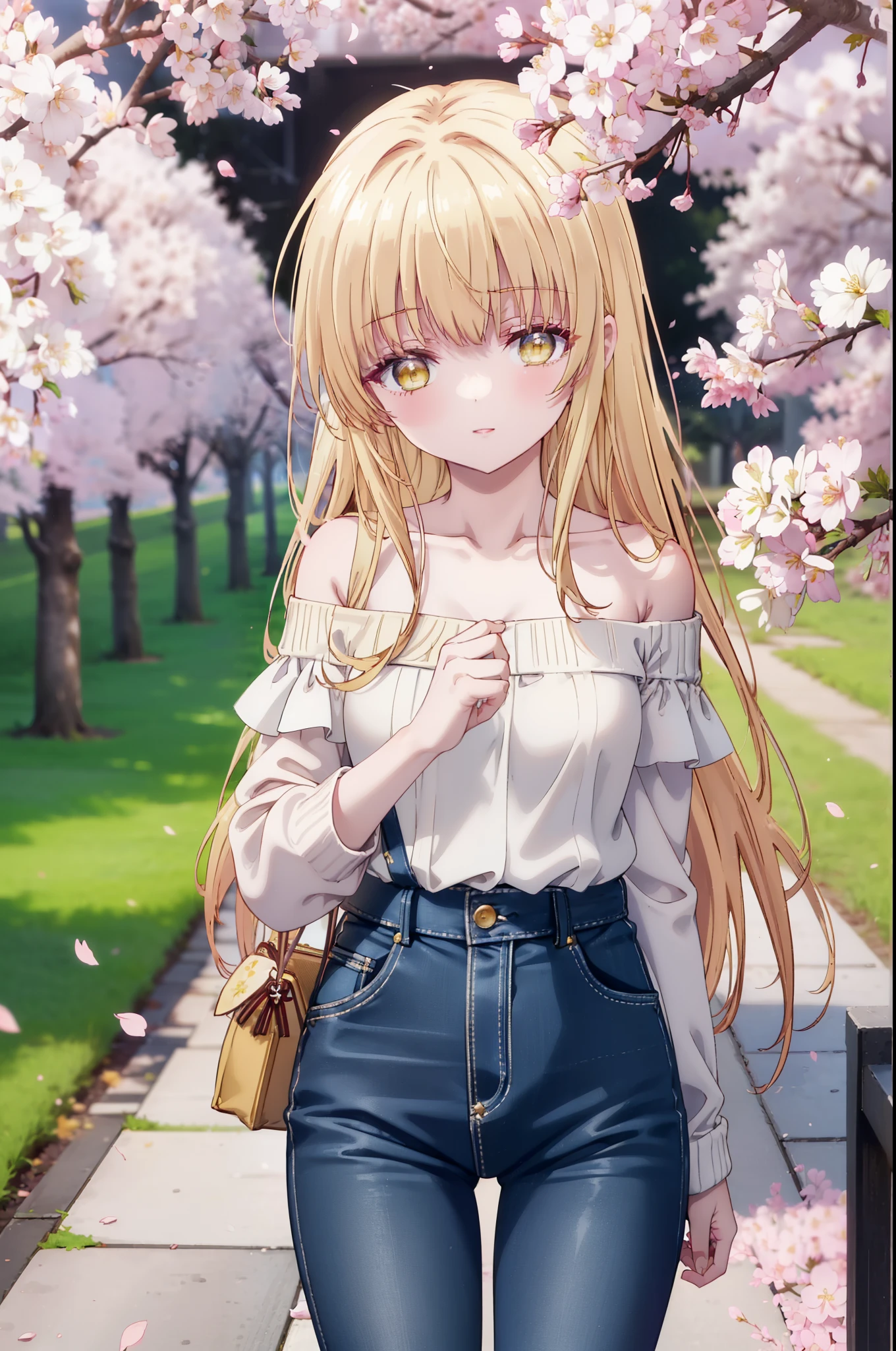 mahirushiina, Mahiru Shiina, long hair, bangs, blonde hair, brown hair, (yellow eyes:1.3), happy smile, smile, open your mouth,Pink off-shoulder sweater,bare shoulders,bare clavicle,naked neck,short denim pants,black pantyhose,Mini Boots,The cherry blossoms have bloomed,Cherry blossoms are scattered,Cherry blossom tree-lined path,morning,morning日,the sun is rising,whole bodyがイラストに入るように,From the top of your head,
break outdoors, garden,
break looking at viewer, whole body,(cowboy shot:1.5),
break (masterpiece:1.2), highest quality, High resolution, unity 8k wallpaper, (figure:0.8), (detailed and beautiful eyes:1.6), highly detailed face, perfect lighting, Very detailed CG, (perfect hands, perfect anatomy),