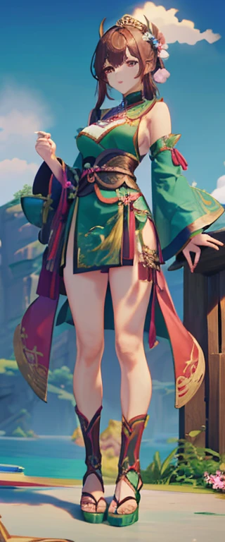 Genshin Impact Female Character With Brown Hair, A Dark Green Chinese Costume Featuring White And Pink Ornaments, She Holds A Sword, Delicate And Vibrant, Anime Character, Game Art Golden Eyes