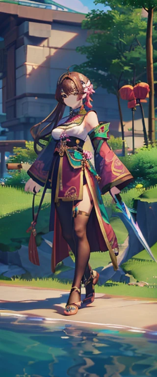 Genshin Impact Female Character With Brown Hair, A Dark Green Chinese Costume Featuring White And Pink Ornaments, She Holds A Sword, Delicate And Vibrant, Anime Character, Game Art Golden Eyes