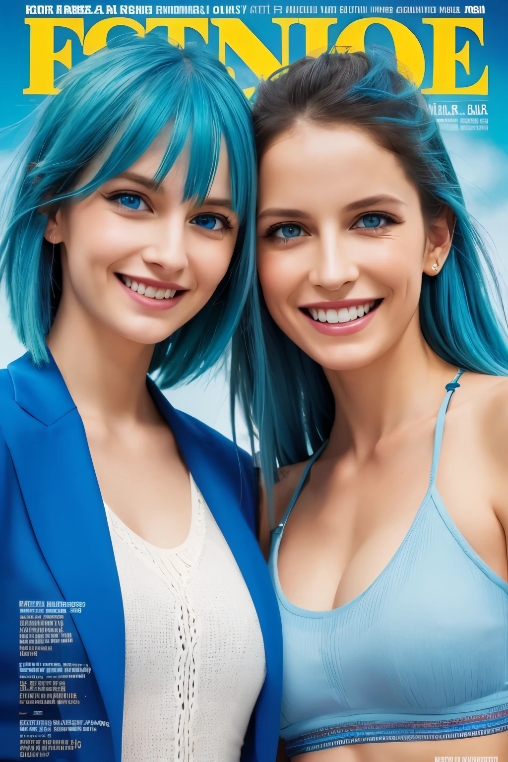 A mother and daughter blue hair blue eyes on a magazine cover, vibrant colors, high-resolution, realistic portrayal, fashion-forward, loving bond, trendy attire, captivating smiles, natural beauty, professional lighting, contemporary style, artistic composition