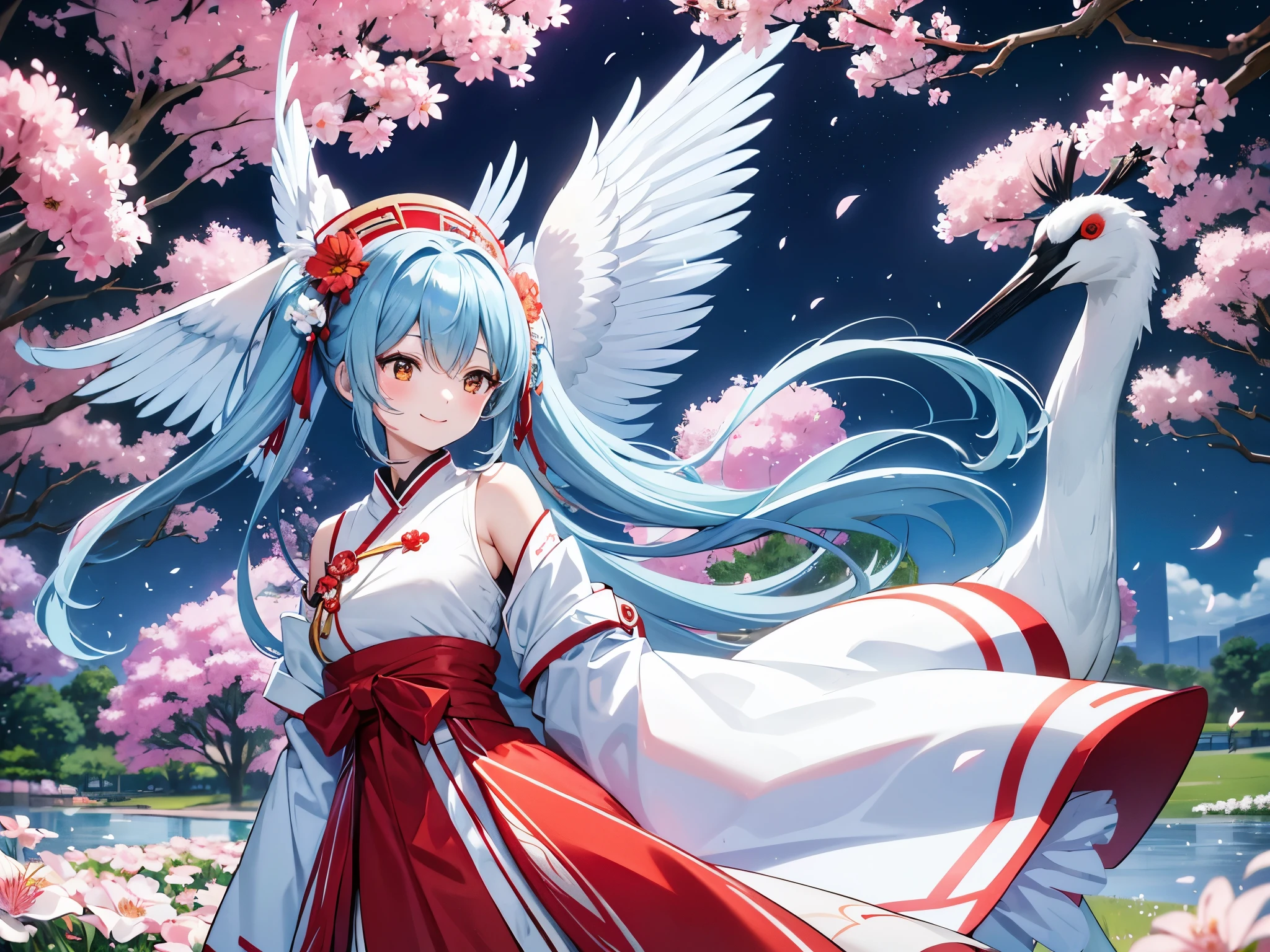 light blue long hair、Beautiful girl with twin tails、bright smile、A park full of flowers、Two Red-crowned Cranes、A red-crowned crane is flying、Surrounded by many flowers、