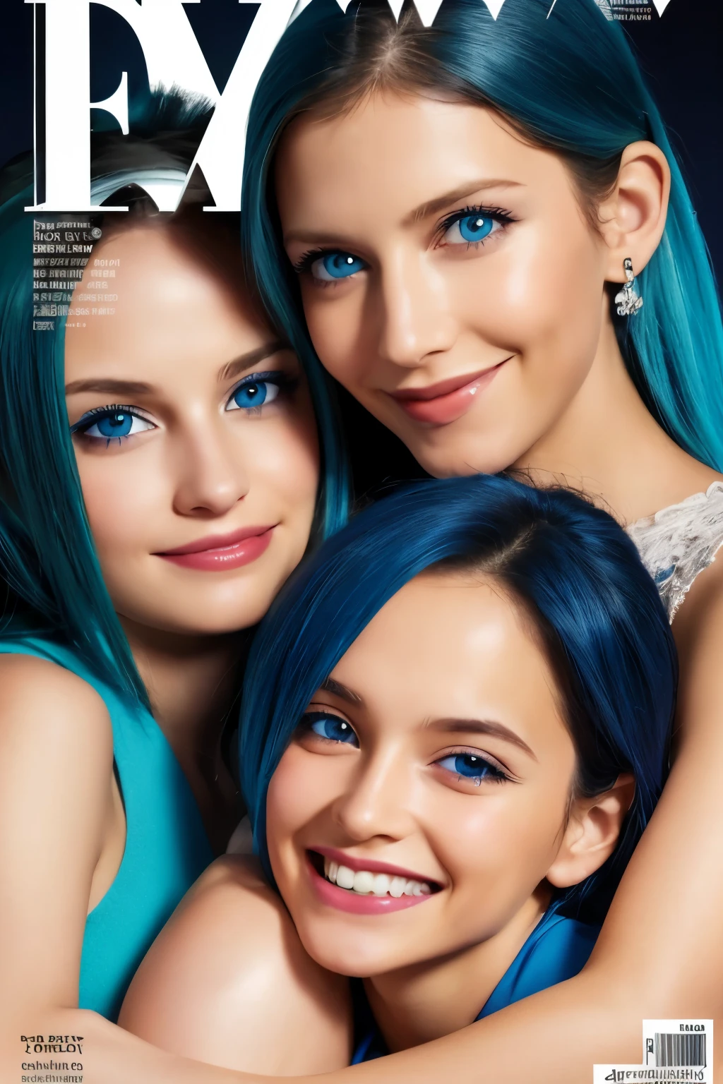 A mother and daughter blue hair blue eyes on a magazine cover, vibrant colors, high-resolution, realistic portrayal, fashion-forward, loving bond, trendy attire, captivating smiles, natural beauty, professional lighting, contemporary style, artistic composition
