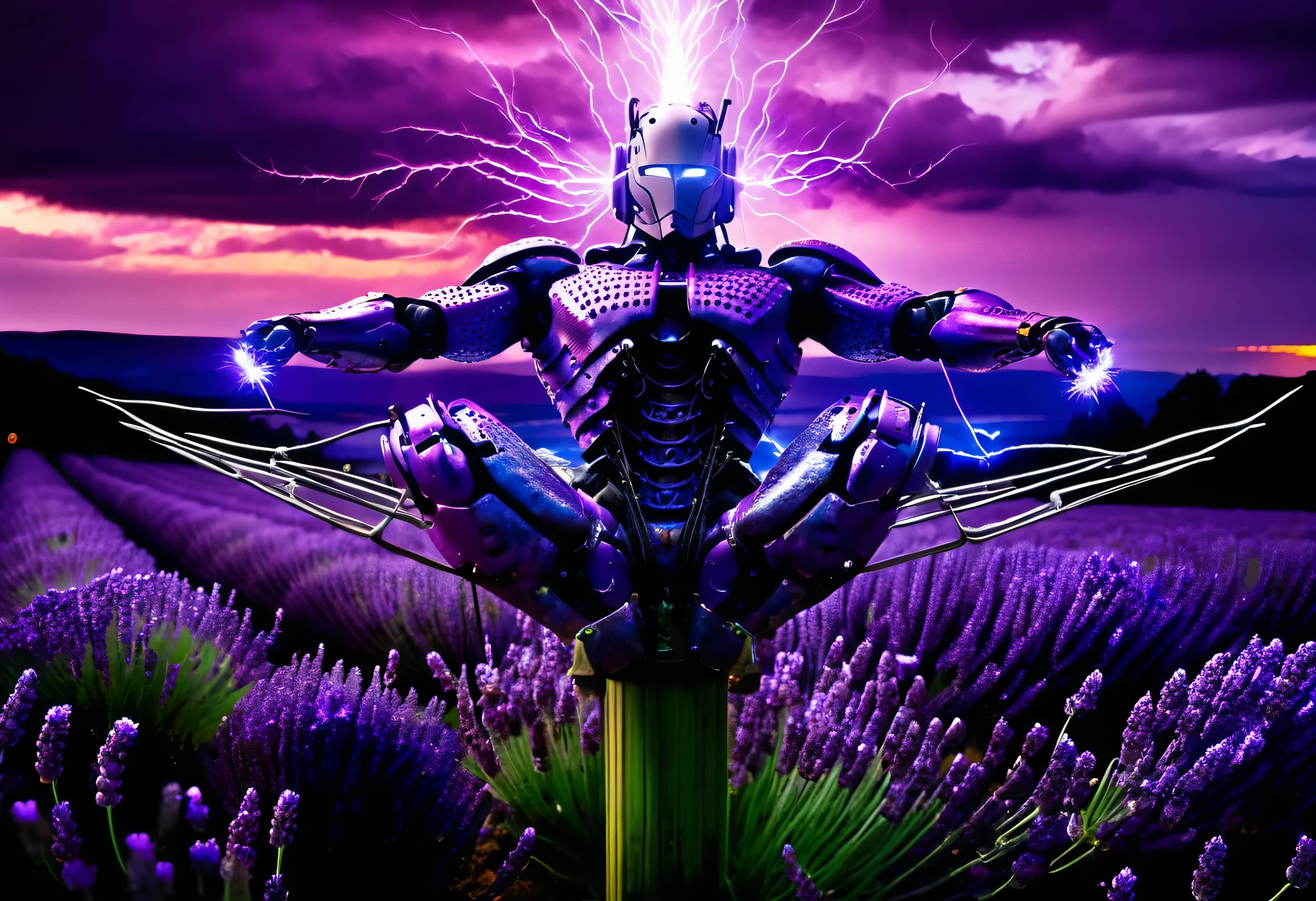 (masterpiece, best-quality) High Resolution, High Quality, Masterpiece/ Macro photography of  lavender flowers with crackling electricity  hightech_robotics, nighttime, lightening, cybernetics, stormy, metal, dystopian horror, purple, (, highres, detailed, high saturation)