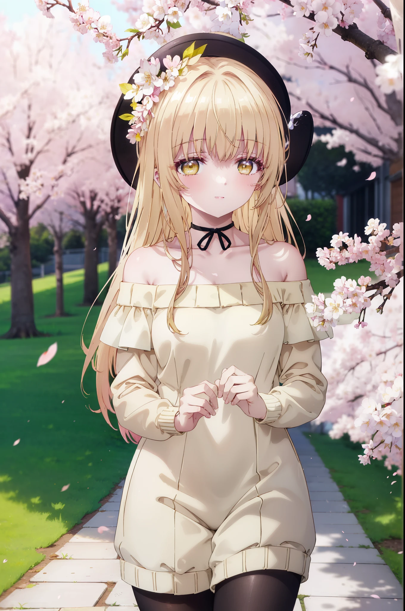 mahirushiina, Mahiru Shiina, long hair, bangs, blonde hair, brown hair, (yellow eyes:1.3), happy smile, smile, open your mouth,Pink off-shoulder sweater,bare shoulders,bare clavicle,naked neck,shorts,black pantyhose,Mini Boots,The cherry blossoms have bloomed,Cherry blossoms are scattered,Cherry blossom tree-lined path,morning,morning日,the sun is rising,whole bodyがイラストに入るように,From the top of your head,
break outdoors, garden,
break looking at viewer, whole body,(cowboy shot:1.5),
break (masterpiece:1.2), highest quality, High resolution, unity 8k wallpaper, (figure:0.8), (detailed and beautiful eyes:1.6), highly detailed face, perfect lighting, Very detailed CG, (perfect hands, perfect anatomy),