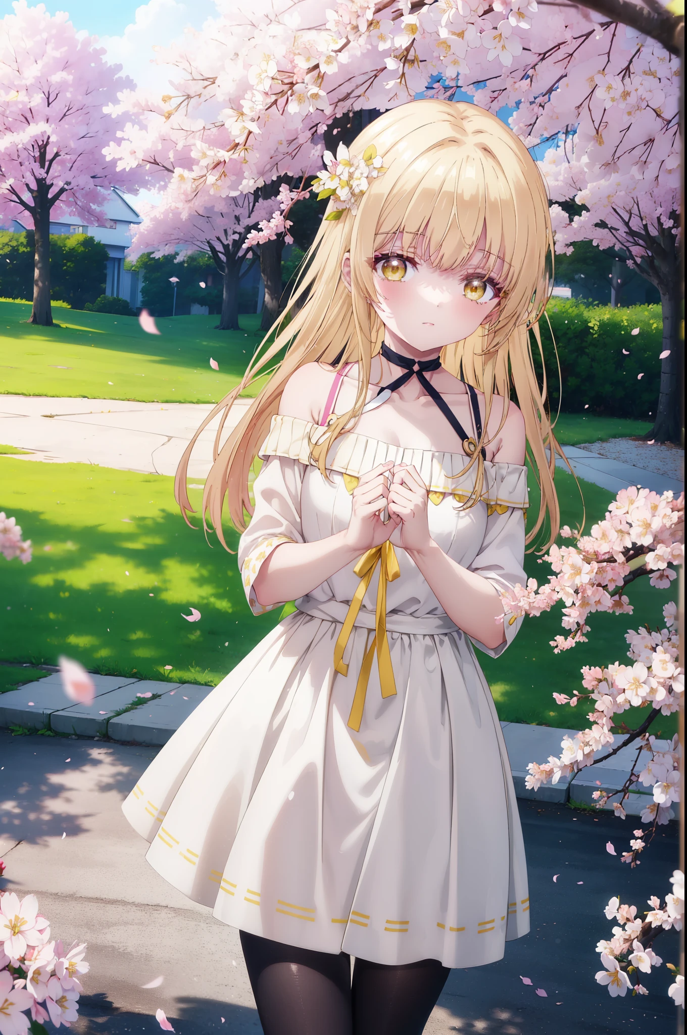 mahirushiina, Mahiru Shiina, long hair, bangs, blonde hair, brown hair, (yellow eyes:1.3), happy smile, smile, open your mouth,Pink off-shoulder sweater,bare shoulders,bare clavicle,naked neck,shorts,black pantyhose,Mini Boots,The cherry blossoms have bloomed,Cherry blossoms are scattered,Cherry blossom tree-lined path,morning,morning日,the sun is rising,whole bodyがイラストに入るように,From the top of your head,
break outdoors, garden,
break looking at viewer, whole body,(cowboy shot:1.5),
break (masterpiece:1.2), highest quality, High resolution, unity 8k wallpaper, (figure:0.8), (detailed and beautiful eyes:1.6), highly detailed face, perfect lighting, Very detailed CG, (perfect hands, perfect anatomy),