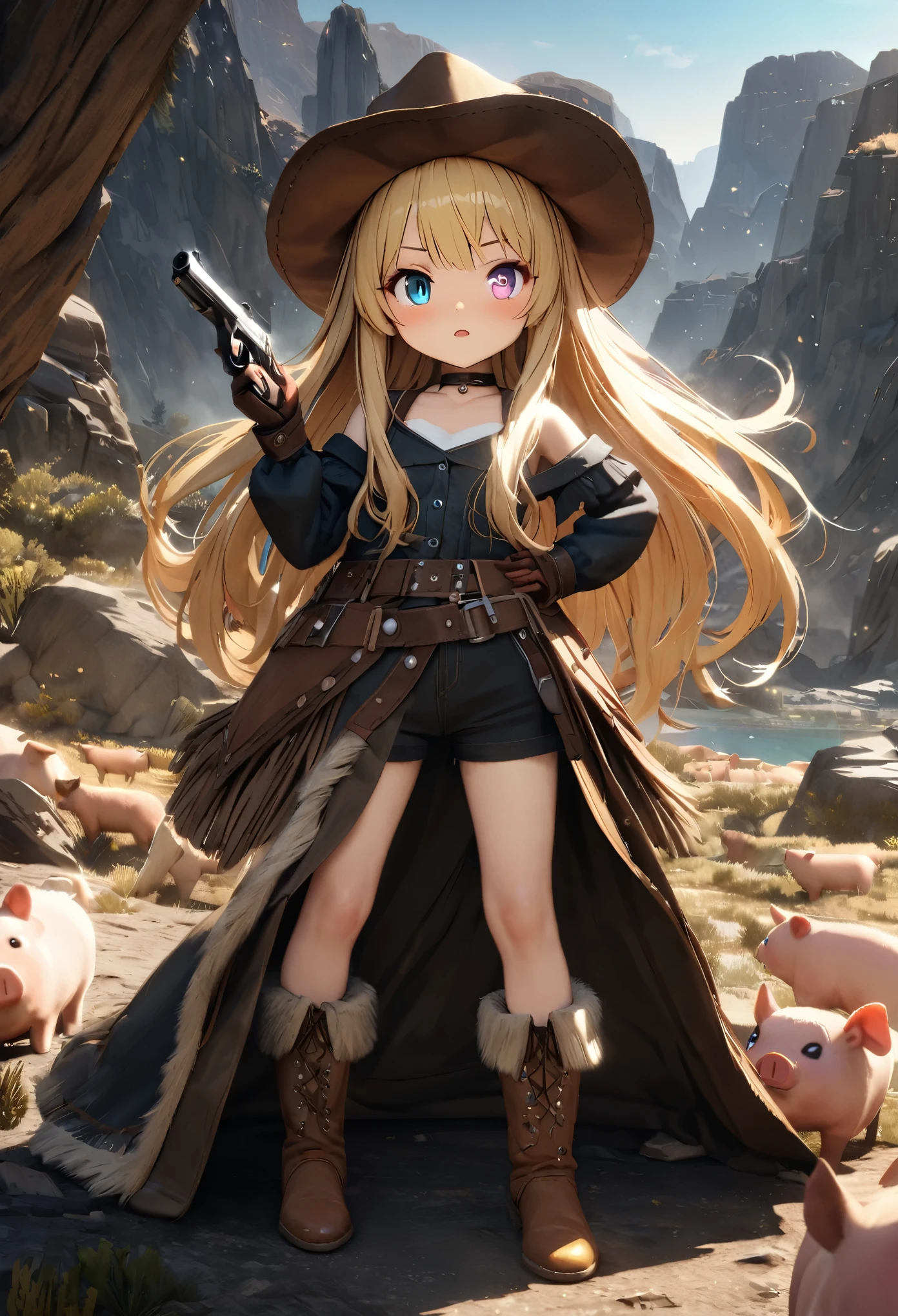 Masterpiece, Best Quality, Super Detailed, High Definition, Expensive Resolution, HDR, 4k, 8K, Unity 8k Wallpaper, Super Detailed CG, Masterpiece, Realistic, 2D, 3D, Beautiful Details, Depth, Fine Texture, Super Fine: 1.3, Fully focused, crispy, skin, .he,
Very cute anime girl, ((blue left eye, red right eye, odd eyes)), desolate wilderness, cowboy style costume, cowboy hat, cowboy boots, handgun, lots of cute anime pigs around, Mexican wilderness, duel, handgun Standing with, blonde long hair wearing expensive clothes, one girl, alone, blonde long hair, cowboy style, cowboy hat, handgun, duel, cowboy boots under the eyes, looking at camera, expensive, blushing, mole, parted Lips, hair ornament, heart,  choker