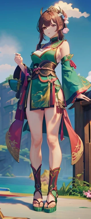 Genshin Impact Female Character With Brown Hair, A Dark Green Chinese Costume Featuring White And Pink Ornaments, She Holds A Sword, Delicate And Vibrant, Anime Character, Game Art Golden Eyes