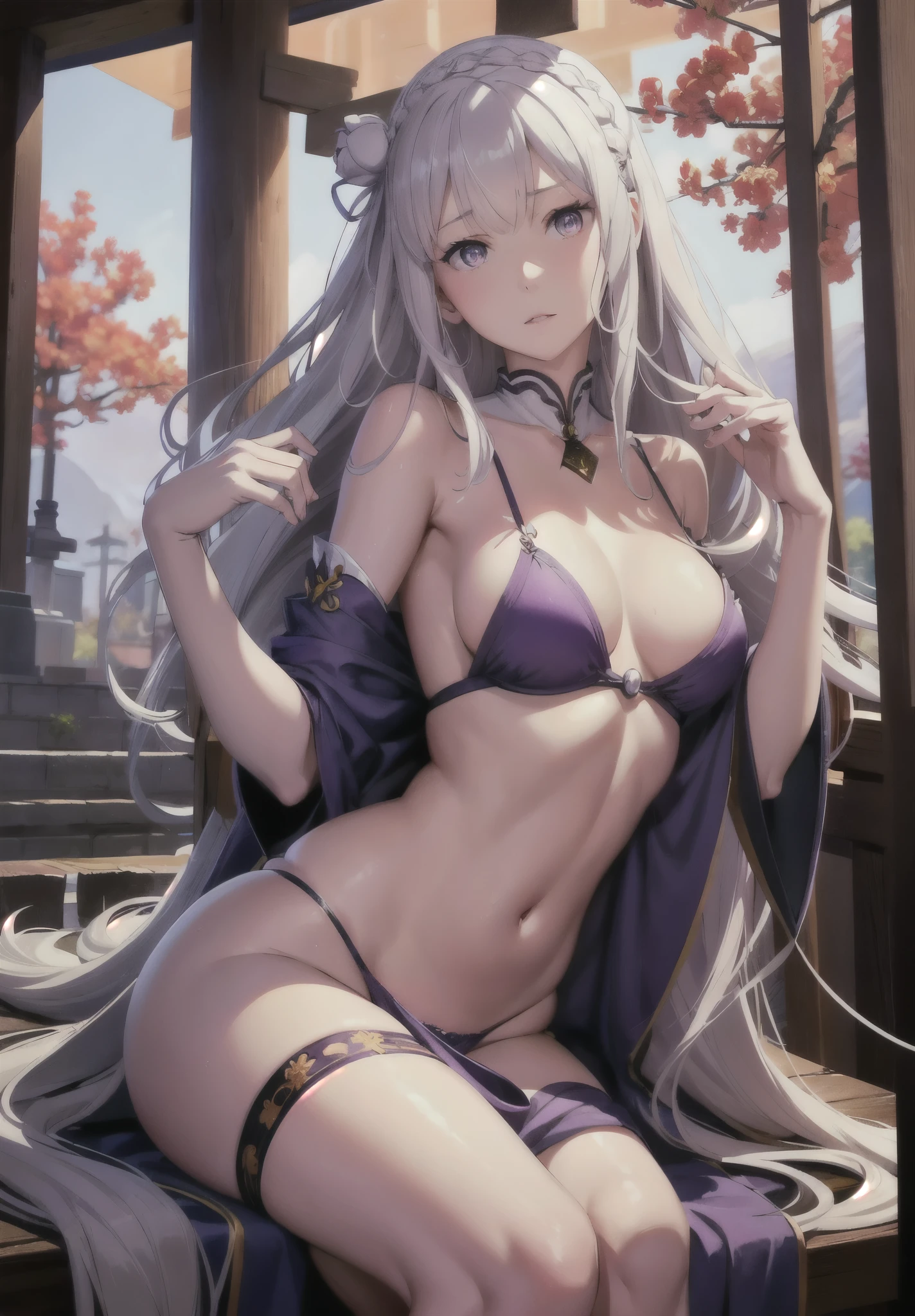 Emilia re:zero, purple eyes, Emilia, crown braid, x hair ornament, flower hair ornament, white hair, long hair, medium breasts, NSFW, photorealistic super nymphomaniac fox woman, big, priestess sitting on the torii gate of the shrine, sheer priestess uniform, full body, angular eyes, hair between the eyes, hair messy, gentle and attractive, bare shoulders, delicate and sexy collarbone, full length photo, attractive oval face, double eyelids, small nose, noble, ultra high definition, super detail, elegant posture, glittering skin, wear sweat, Emphasis on thighs and crotch, camel toe