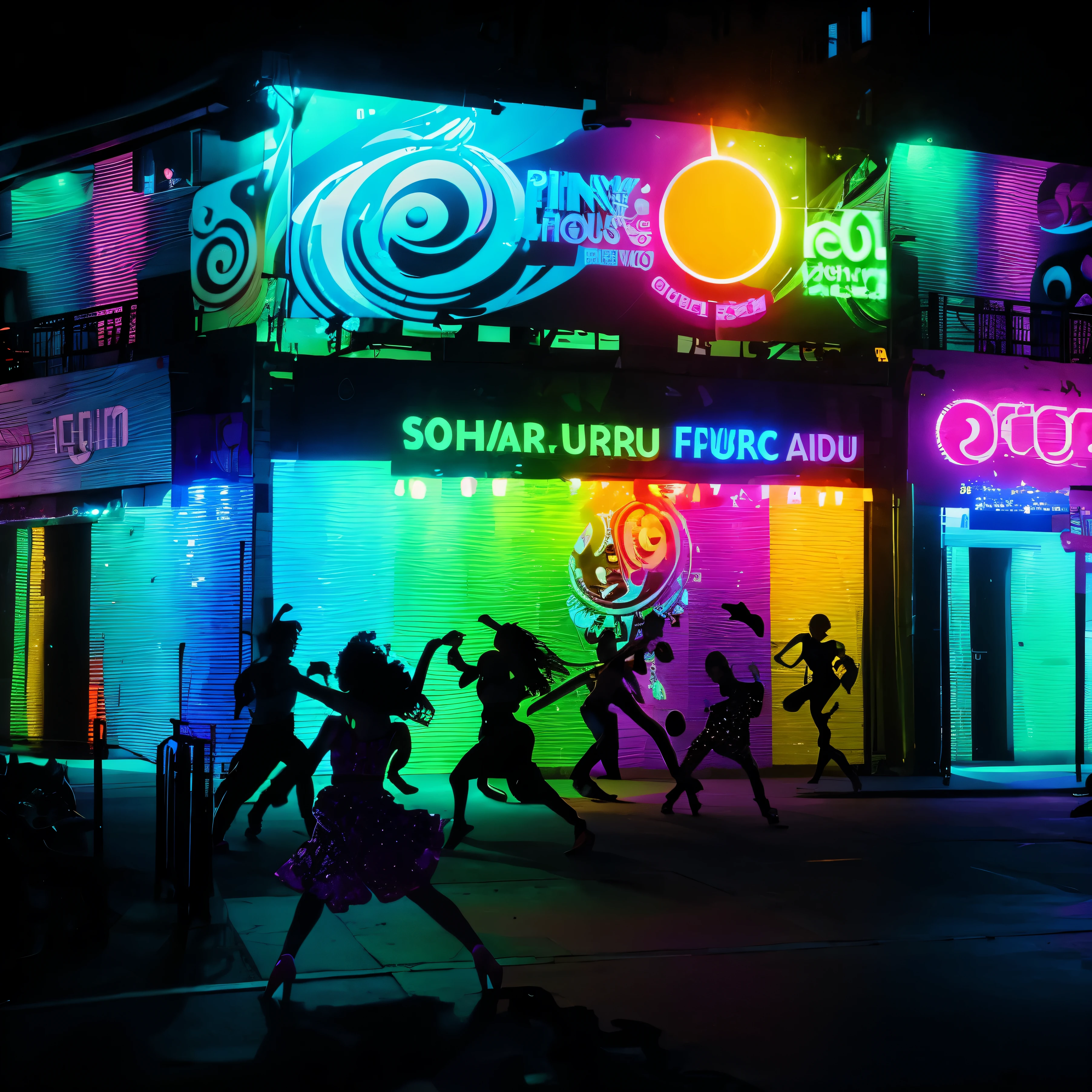 Showcase a dynamic scene of people dancing and grooving to the beats of Funky House music. Use bright and vivid colors, with vibrant silhouettes of dancers and swirling musical notes, capturing the essence of a lively and energetic party atmosphere.