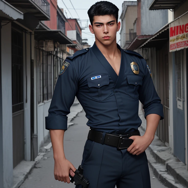 20 year old boy police uniform slim muscular complexion dark blue uniform black belt with a gun. Cabello negro rizado corto en fondo de una calle de nueva Orleans