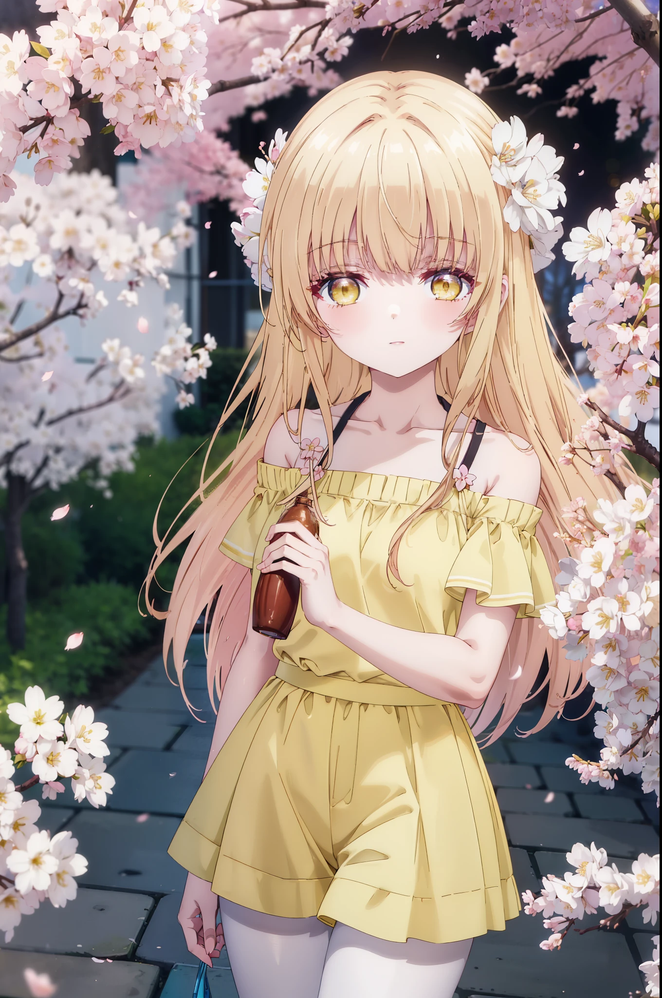 mahirushiina, Mahiru Shiina, long hair, bangs, blonde hair, brown hair, (yellow eyes:1.3), happy smile, smile, open your mouth,Oversized pink off-shoulder sweater,bare shoulders,bare clavicle,naked neck,shorts,black pantyhose,Mini Boots,The cherry blossoms have bloomed,Cherry blossoms are scattered,Cherry blossom tree-lined path,morning,morning日,the sun is rising,whole bodyがイラストに入るように,From the top of your head,
break outdoors, garden,
break looking at viewer, whole body,(cowboy shot:1.5),
break (masterpiece:1.2), highest quality, High resolution, unity 8k wallpaper, (figure:0.8), (detailed and beautiful eyes:1.6), highly detailed face, perfect lighting, Very detailed CG, (perfect hands, perfect anatomy),