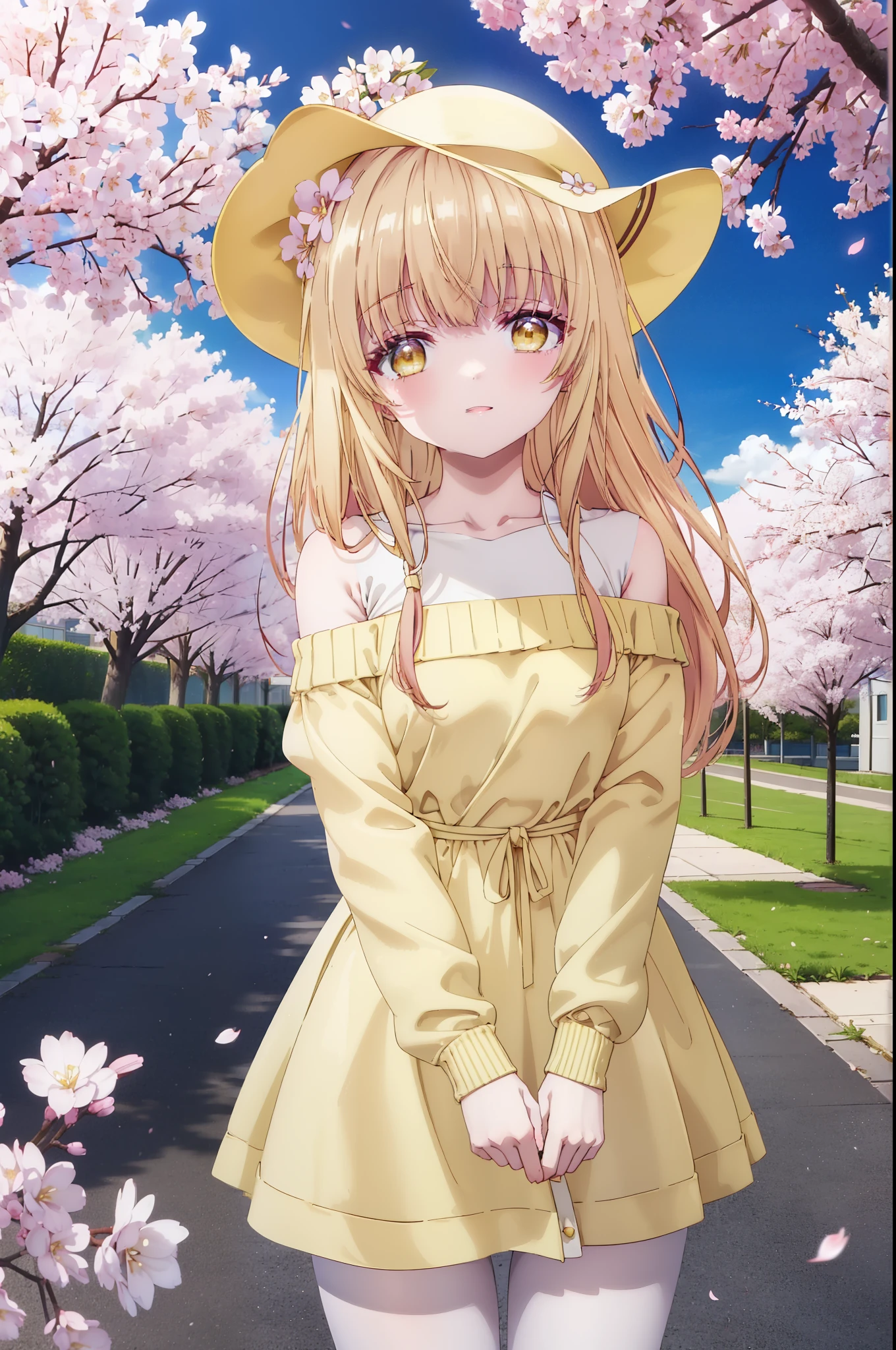 mahirushiina, Mahiru Shiina, long hair, bangs, blonde hair, brown hair, (yellow eyes:1.3), happy smile, smile, open your mouth,Oversized pink off-shoulder sweater,bare shoulders,bare clavicle,naked neck,shorts,black pantyhose,Mini Boots,The cherry blossoms have bloomed,Cherry blossoms are scattered,Cherry blossom tree-lined path,morning,morning日,the sun is rising,whole bodyがイラストに入るように,From the top of your head,
break outdoors, garden,
break looking at viewer, whole body,(cowboy shot:1.5),
break (masterpiece:1.2), highest quality, High resolution, unity 8k wallpaper, (figure:0.8), (detailed and beautiful eyes:1.6), highly detailed face, perfect lighting, Very detailed CG, (perfect hands, perfect anatomy),