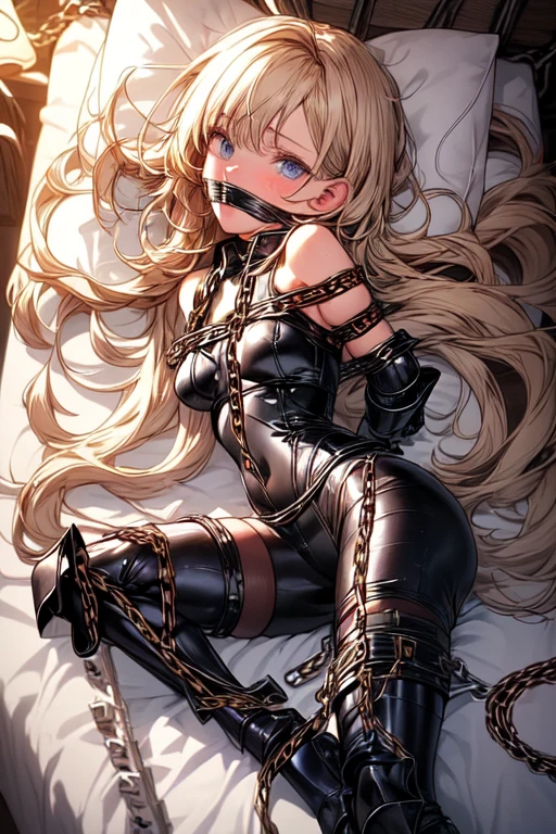 Shiny blond hair, very long hair, sophisticated haircut, (small twisted braids:1.1), thin and oval face, submissive, (gagged:1.3), cute and blushing 18 years old anime girl, bright blue eyes, detailed face, detailed members, detailed arms, detailed hands, Girl lying, tied by chains, shackled, can no longer move, tied tightly, (very hard tied up with lots of chains), (hampered by so many chains that she can no longer move:1.1), bound hands and feet, (chains tie his whole body:1.3), (tied extremely tightly and forcefully to her bed by a lot of chains:1.2), (its limbs are strongly tied together by chains:1.2), (his torso is tied up with thick cords:1.1), (her chest is so tied up with chains that it sticks out:1.3), (her legs are tied tightly with thick chains:1.1), (his hands are tied behind his back with chains), she can no longer move her feet, her hands which are tied by thick chains, she desperately tries to free herself, (likes to be tied tight with big chains:1.1), likes to be immobilized by big chains, (lying down:1.3), (his hands and feet are strongly tied to the railing of his bed:1.1), (his legs are pressed together and tied with chains:1.1), (its limbs are held vigorously by imposing chains:1.1), (her hands are tied securely behind her back by chains), (her chest is compressed by strong chains:1.1), (she is pressed against her bed and restrained by large chains:1.3), (shibari, arms behind the back:1.4), (hands on the back), (masterpiece, best quality) 1.5, 1girl, solo, (sexy, beautiful woman, perfect face, perfect eyes, perfect hands), (shibari, arms behind the back:1.4), (hands on the back), Spread the legs, s&#39; (lie in bed by big chains:1.3), (a princess in armor trapped in a dungeon), (((armor suit:1.5))), (chained to the prison wall by chains:1.3), (his legs are chained by chains:1.3), (locked in a dark dungeon:1.5), (chains with links bind his whole body:1.3), (very detailed chains:1.3), ((((((chain:1.5))))))