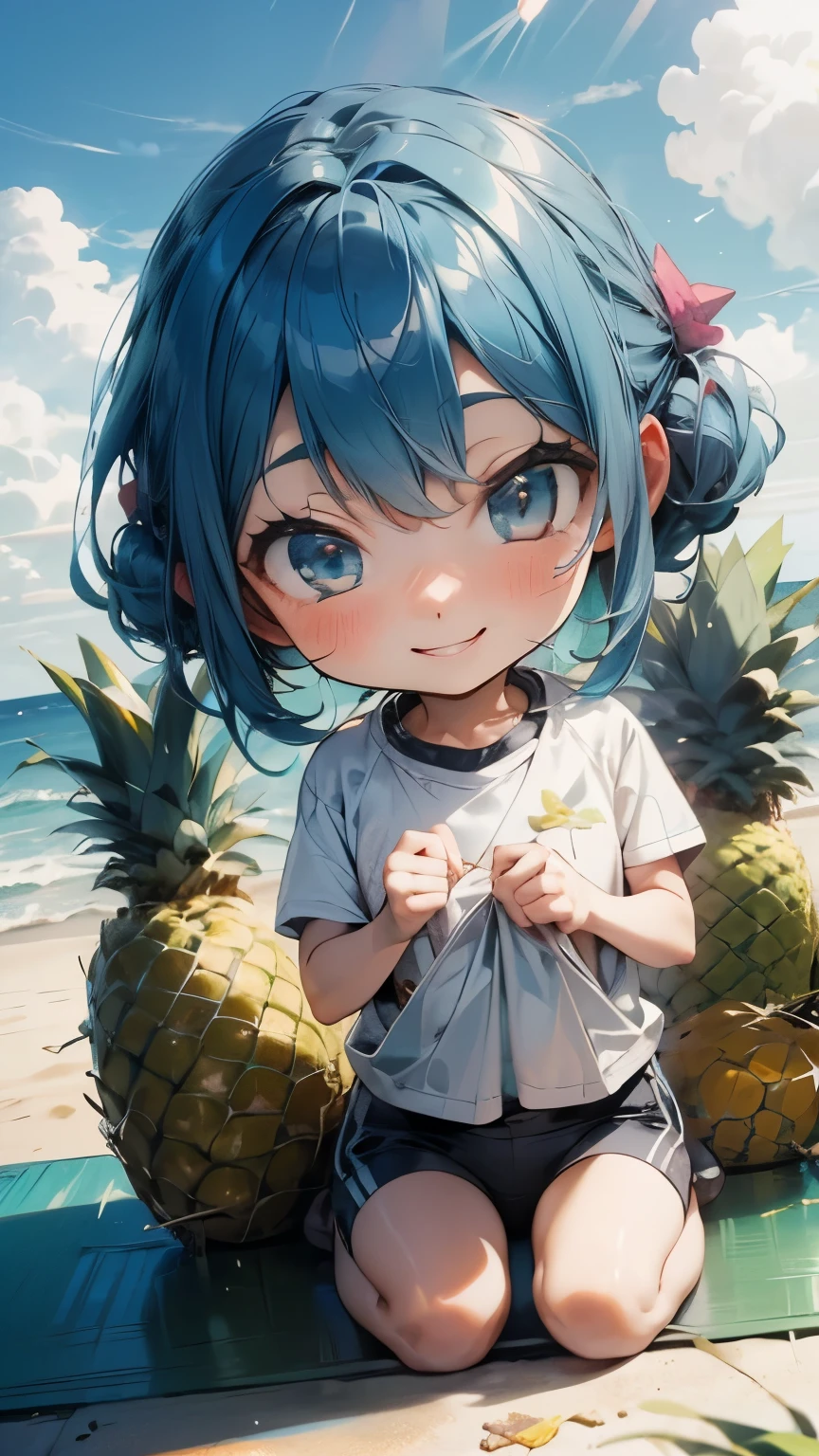 light blue hair、Fresh pineapple、smile、master piece