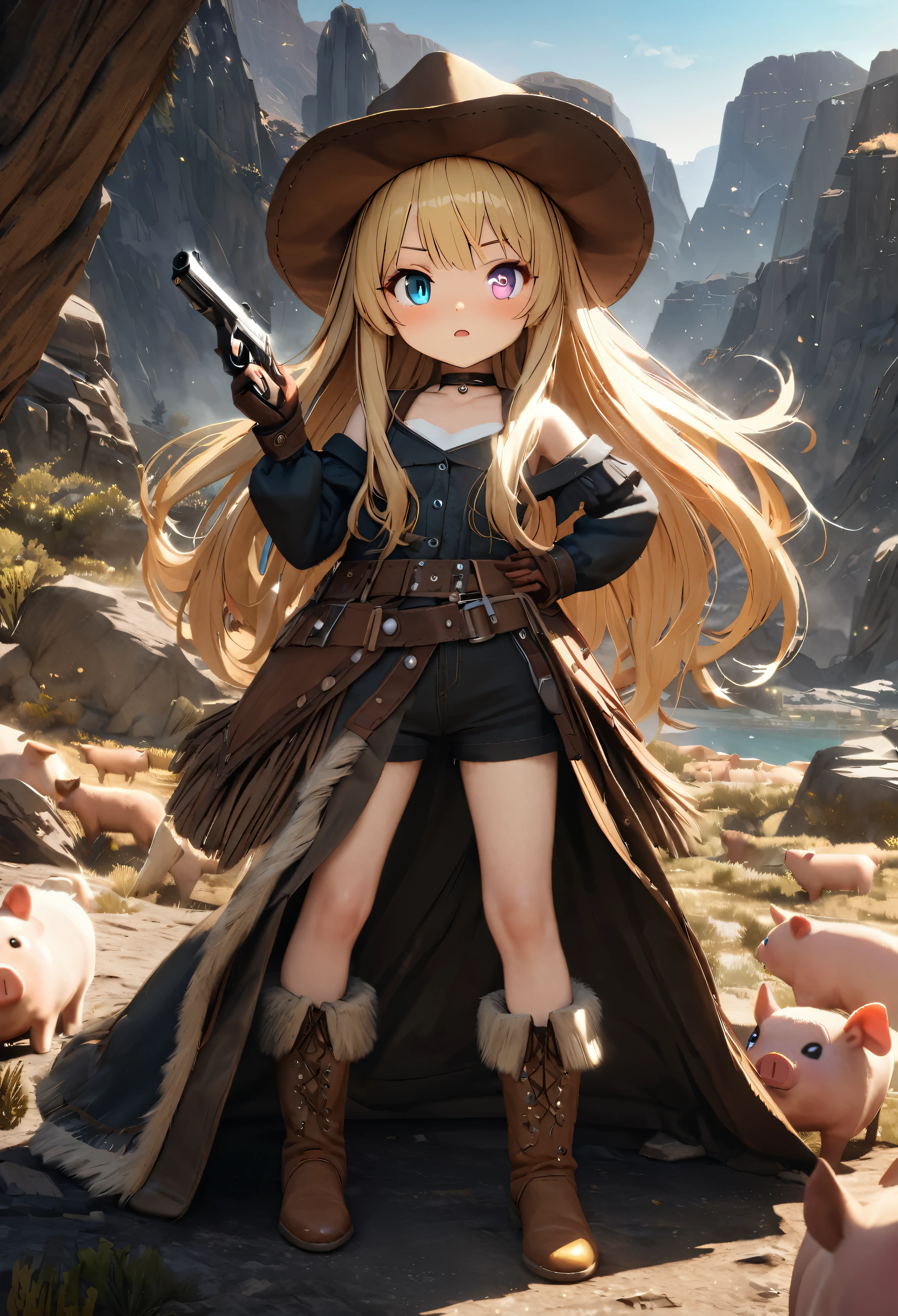 Masterpiece, Best Quality, Super Detailed, High Definition, Expensive Resolution, HDR, 4k, 8K, Unity 8k Wallpaper, Super Detailed CG, Masterpiece, Realistic, 2D, 3D, Beautiful Details, Depth, Fine Texture, Super Fine: 1.3, Fully focused, crispy, skin, .he,
Very cute anime girl, ((blue left eye, red right eye, odd eyes)), desolate wilderness, cowboy style costume, cowboy hat, cowboy boots, handgun, lots of cute anime pigs around, Mexican wilderness, duel, handgun Standing with, blonde long hair wearing expensive clothes, one girl, alone, blonde long hair, cowboy style, cowboy hat, handgun, duel, cowboy boots under the eyes, looking at camera, expensive, blushing, mole, parted Lips, hair ornament, heart, choker