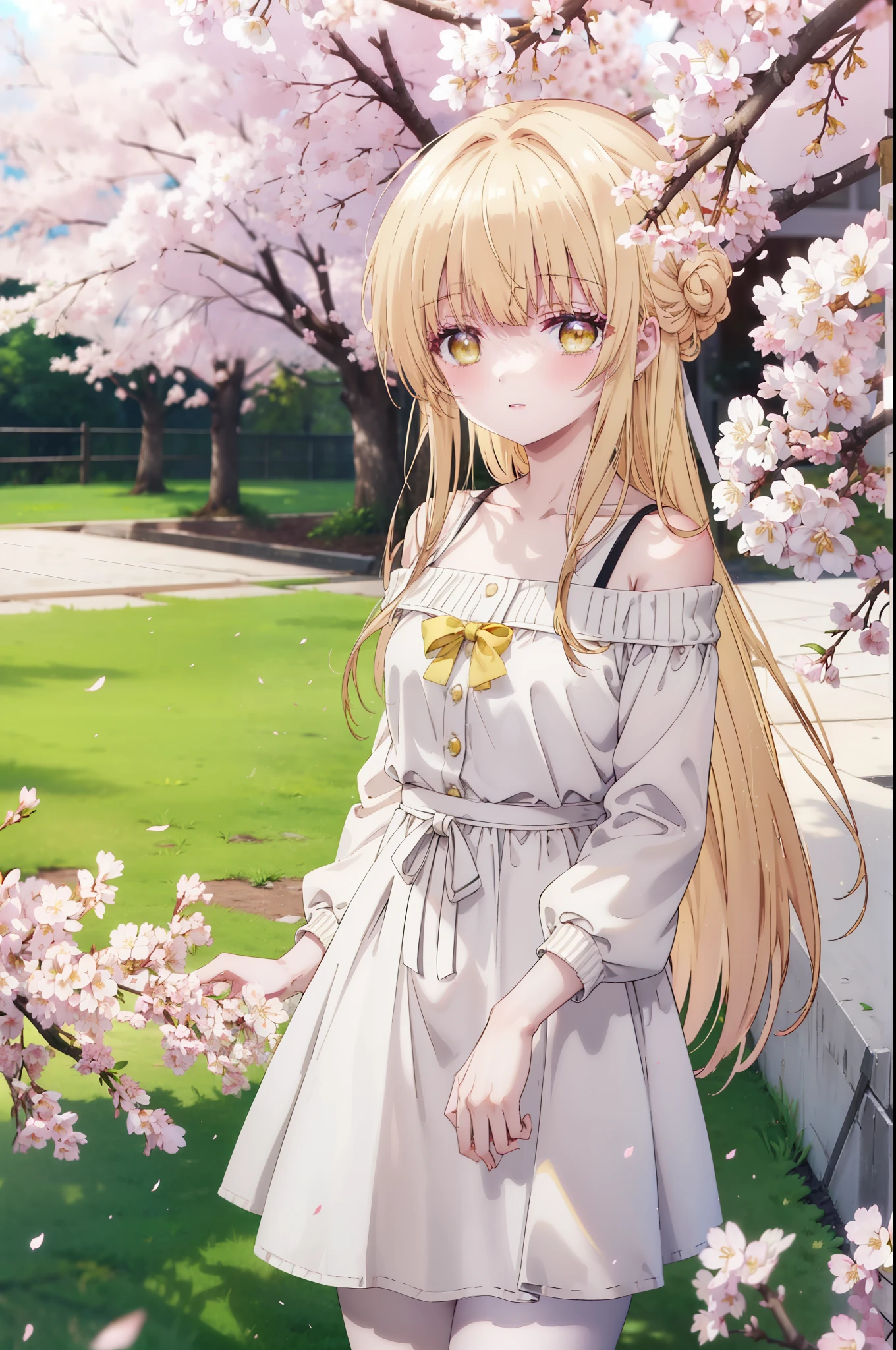 mahirushiina, Mahiru Shiina, long hair, bangs, blonde hair, brown hair, (yellow eyes:1.3), happy smile, smile, open your mouth,Oversized pink off-shoulder sweater,bare shoulders,bare clavicle,naked neck,shorts,black pantyhose,Mini Boots,The cherry blossoms have bloomed,Cherry blossoms are scattered,Cherry blossom tree-lined path,morning,morning日,the sun is rising,whole bodyがイラストに入るように,From the top of your head,
break outdoors, garden,
break looking at viewer, whole body,(cowboy shot:1.5),
break (masterpiece:1.2), highest quality, High resolution, unity 8k wallpaper, (figure:0.8), (detailed and beautiful eyes:1.6), highly detailed face, perfect lighting, Very detailed CG, (perfect hands, perfect anatomy),
