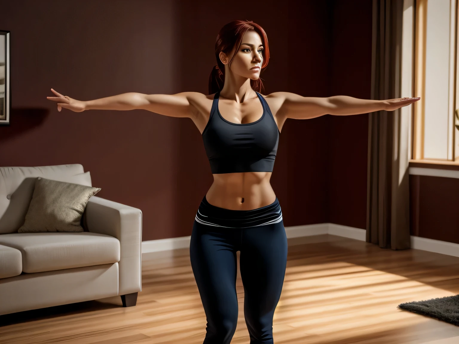 There is a woman standing in a living room playing video games, striking a sassy pose, upper body shot, in an action pose, mid-body shot, half-body shot, half-body shot, attacking the camera: 4, half body shot from the middle, waist up, full body, arms outstretched, in good physical shape, about 40 years old. Woman in good shape. High quality, high resolution, masterpiece, 8k.